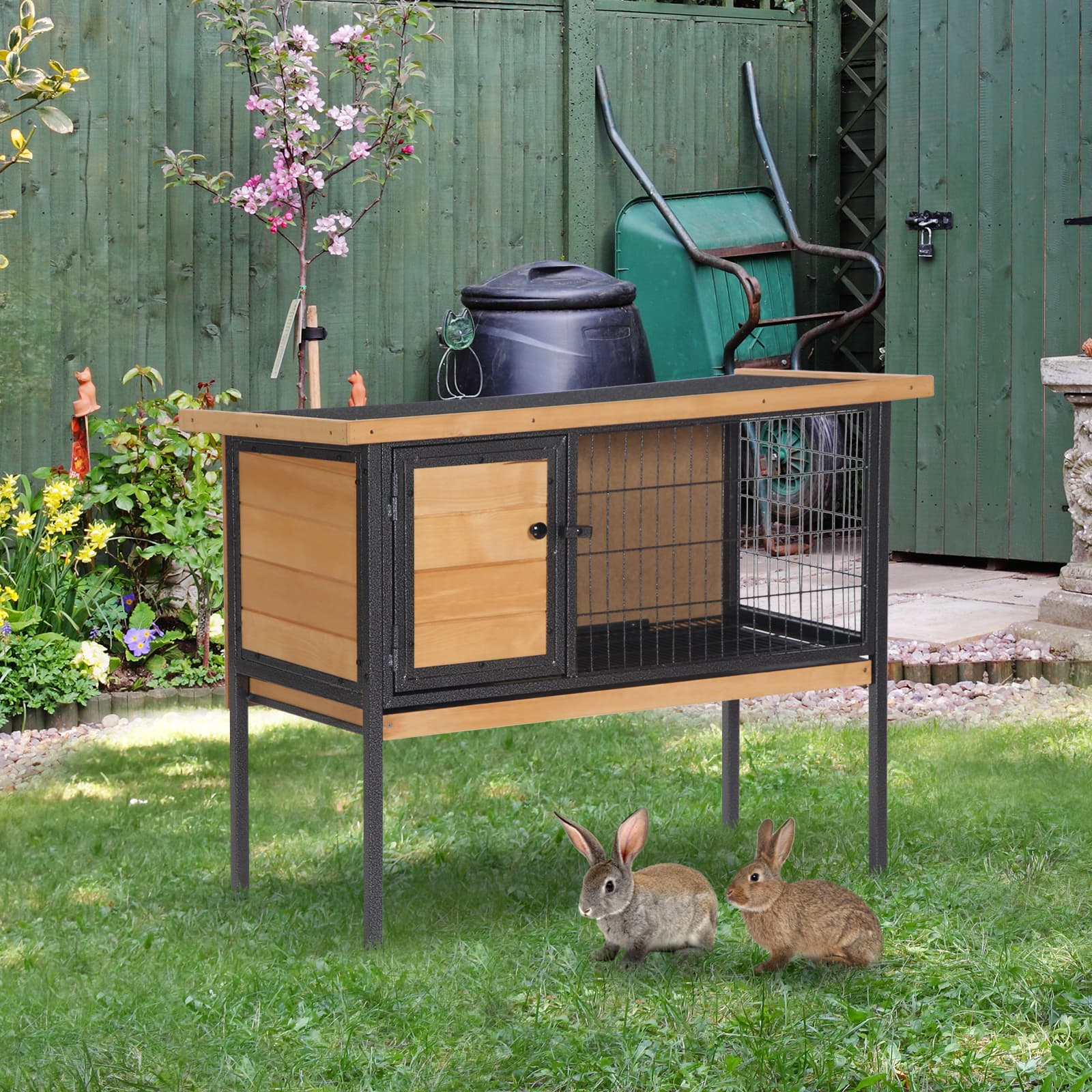  Rabbit Hutch Elevated Bunny Cage Small Animal Habitat with Metal Frame, No Leak Tray, Metal Wire Pan, Openable Water-Resistant Asphalt Roof for Rabbits, Chickens, Ducks, Indoor/Outdoor Natural