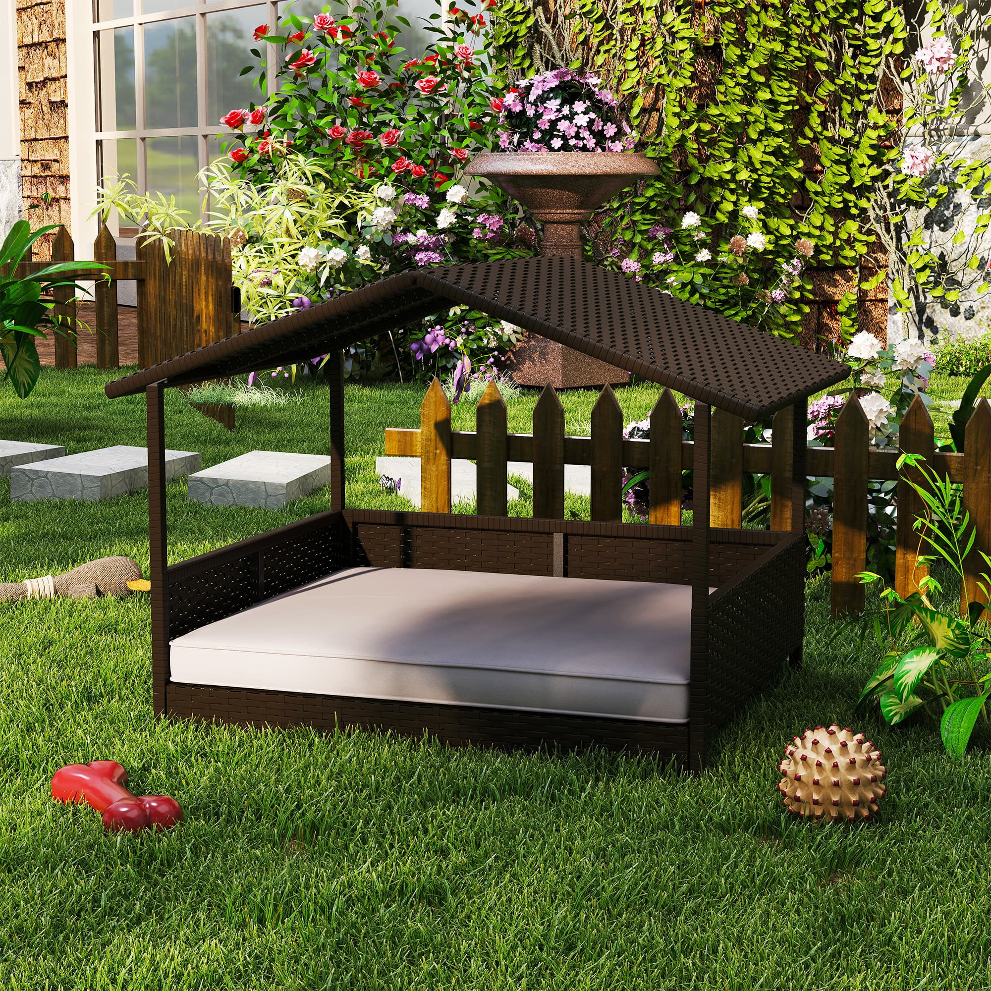  Wicker Dog House Outdoor with Canopy, Rattan Dog Bed with Water-resistant Cushion, Raised Dog Bed for Small, Medium Dogs up to 66 lbs, 19.75" in Length, Brown Wicker, White Cushion