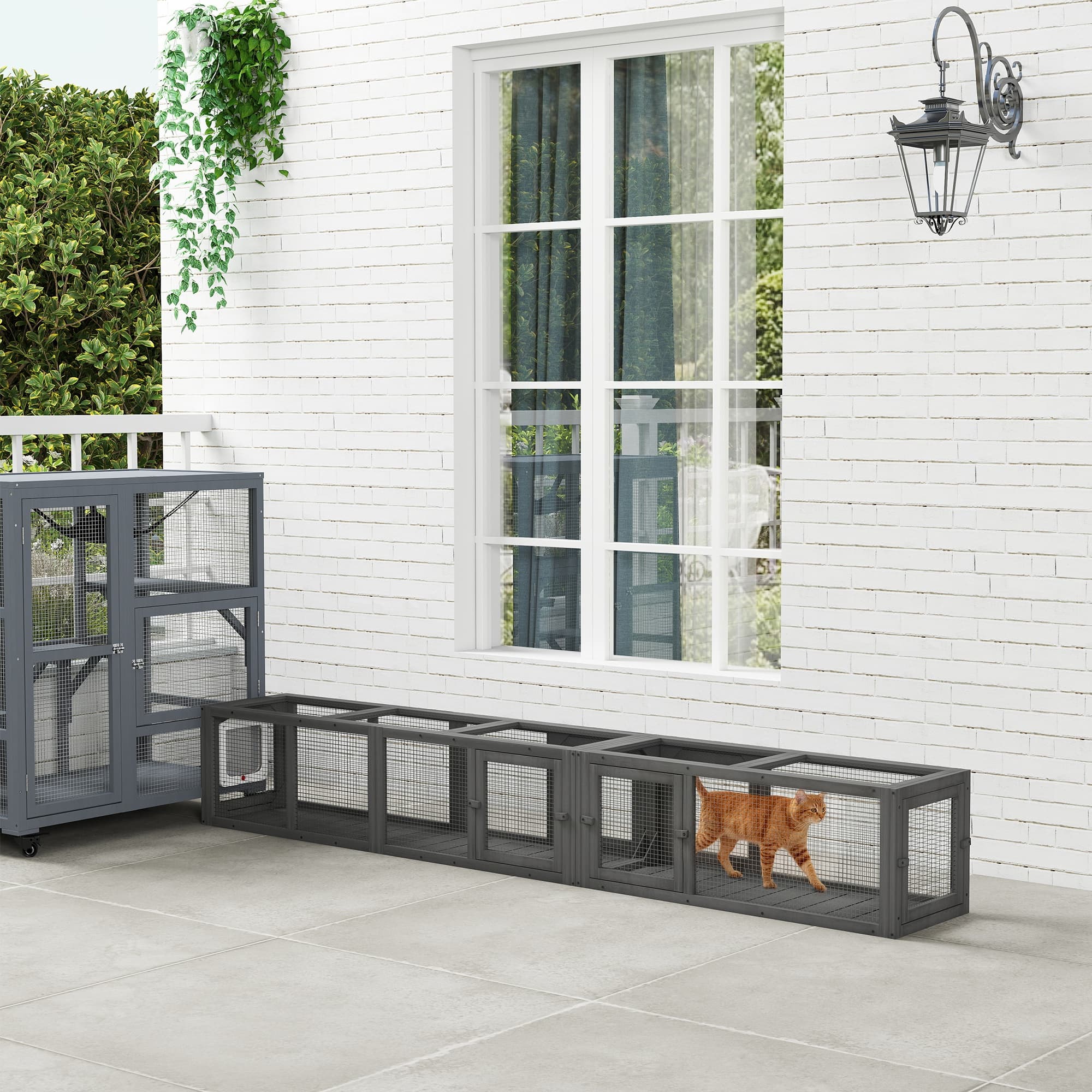 Wooden 98" Cat Tunnel for Outdoor with Combinable Design, 8 Doors, Dark Gray