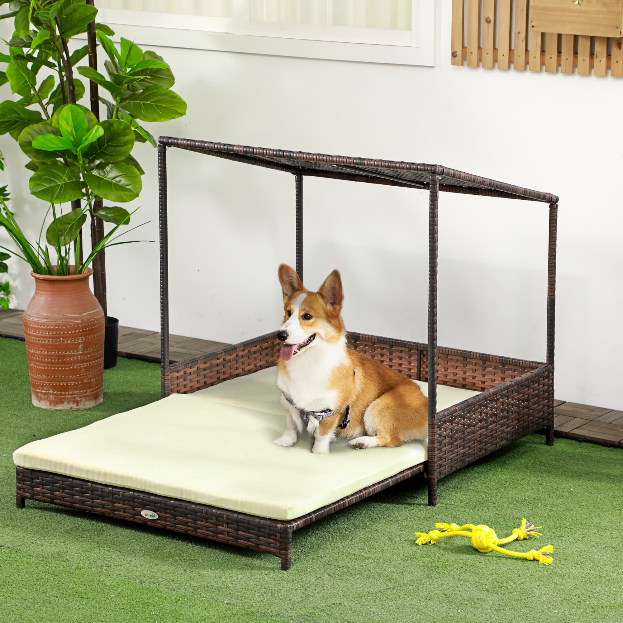  Outdoor Dog Bed, Extendable Wicker Dog Bed with Roof, Soft Cushion for Small and Medium Dogs, Mixed-Brown
