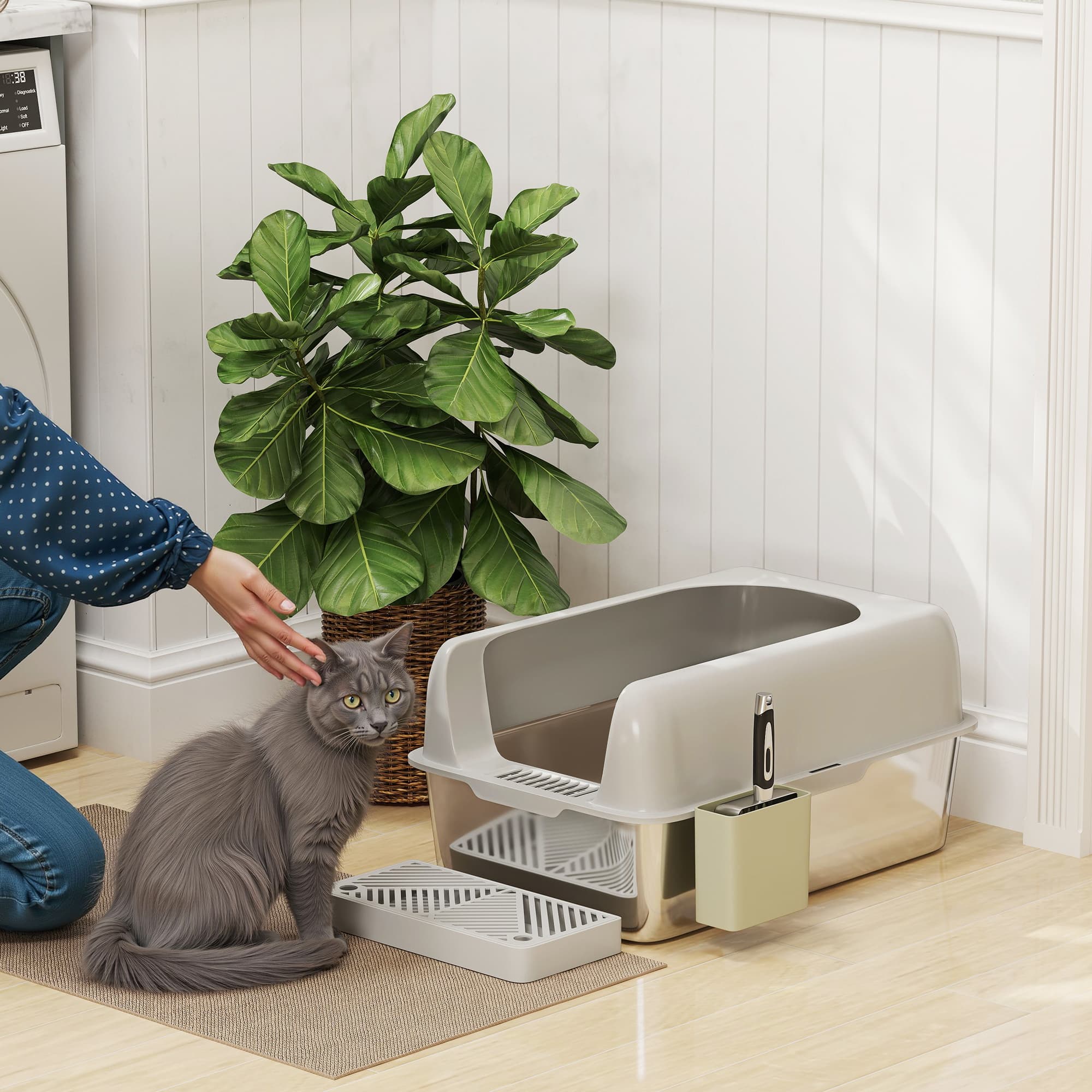  High Sided Stainless Steel Litter Box with Metal Scoop & Scoop Holder, for Easy Clean& Anti-Urine Leakage, Light Gray