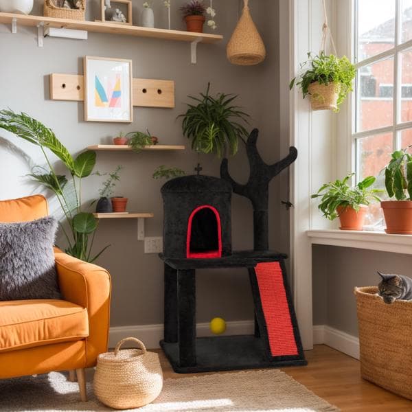 Gothic Cat Tree, Halloween Cat Tower Cat Tree With Spacious Cat Condo, Brach Shaped Scratching Post, Scratching Ladder, Spider Toy For Indoor Cats, Red & Black