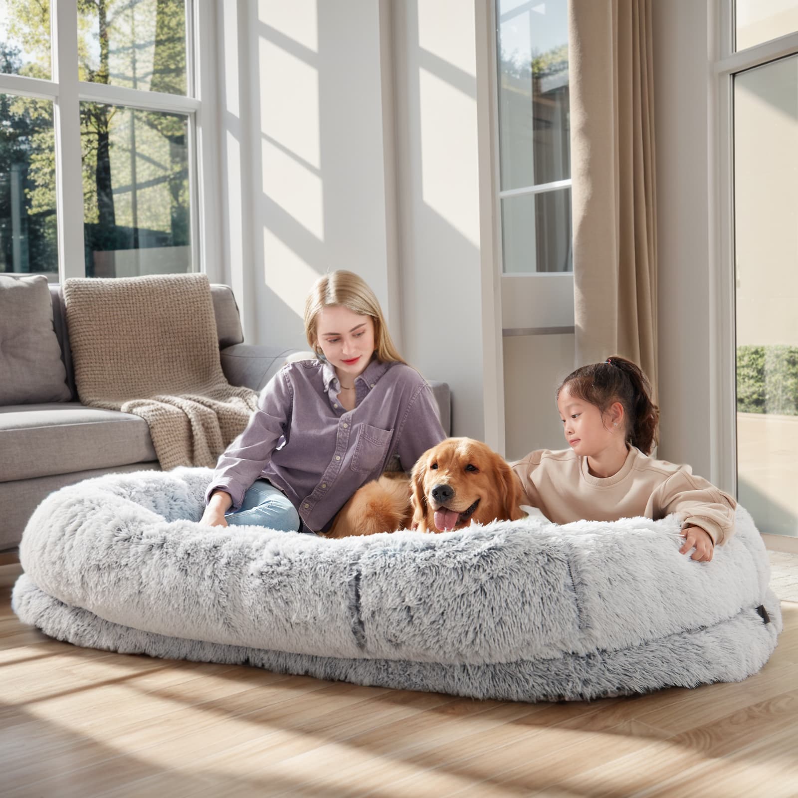 Human Dog Bed - 63 In X 31.4 In X 9.5 In Washable Faux Fur Lounger For Adults & Pets, Cushion With Orthopedic Support, Includes Pillow & Blanket