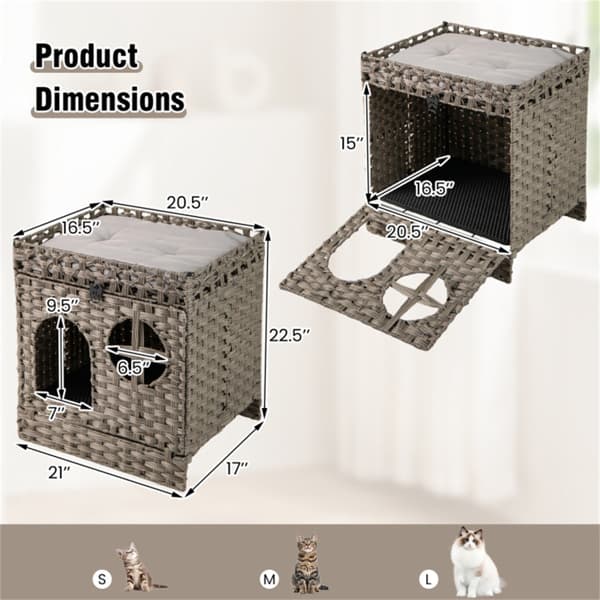 2-Tier Wicker Cat Condo With Litter Mat - Hidden Litter Box Enclosure, Detachable Washable Cushion, Gray Rattan