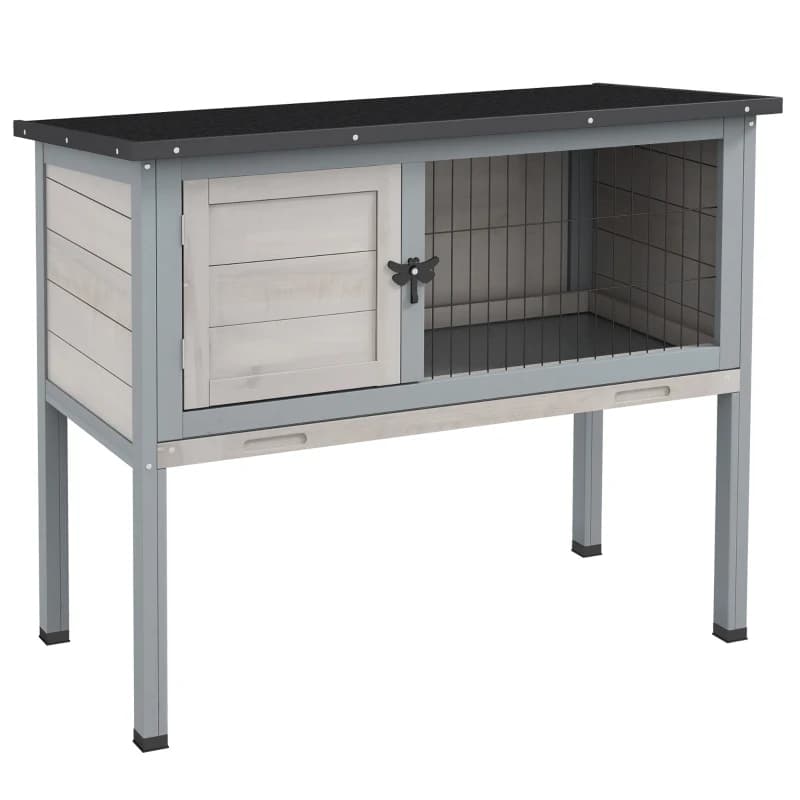 Elevated Rabbit Hutch, Wooden Bunny Cage With Hinged Asphalt Roof And Removable Tray, For IndoorOutdoor, Gray