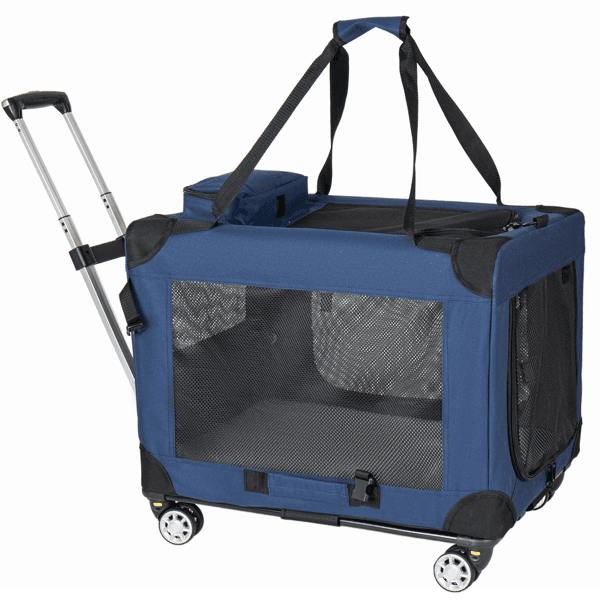 2 In 1, 28'' Collapsible Travel Dog Crate For Medium Large Dogs, Rolling Pet Carrier With Wheels, 3-Door Portable Folding Pet Kennel With Mesh Windows, Indoor Outdoor Travel Use, Dark Blue
