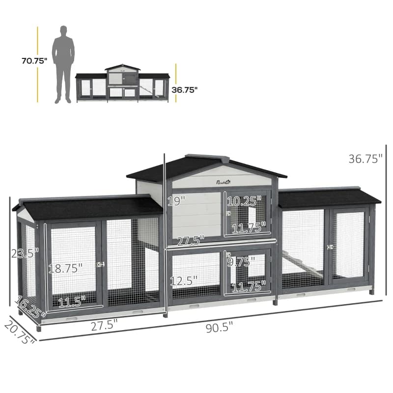 Wooden Rabbit Hutch Bunny Cage Pet Playpen House Enclosure With Double Side Run Boxes, No Leak Tray, Ramp, For Rabbits, Chickens, Ducks, Guinea Pig And Small Animals, Light Gray