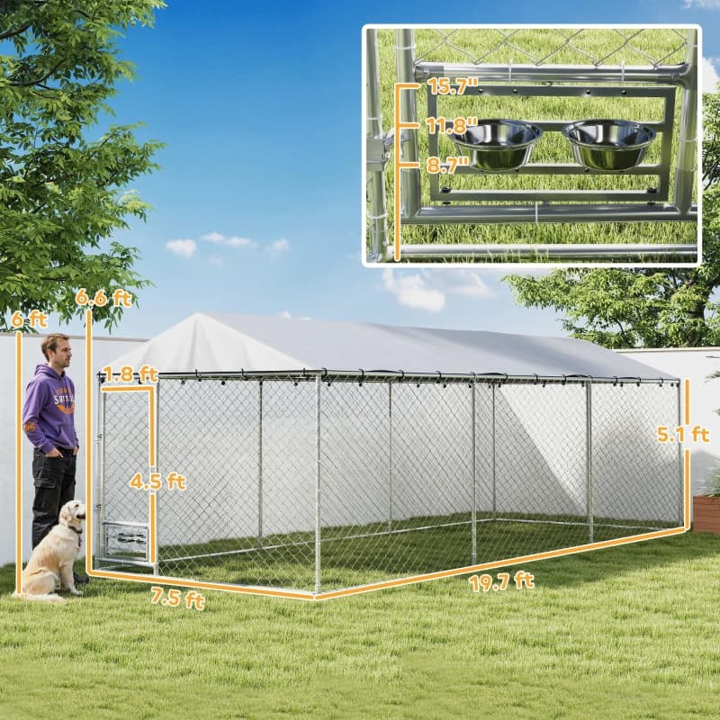 Dog Kennel Outdoor Dog Run Waterproof UV-Resist Cover Lockable Door Adjustable Bowls 20 X 7.5 X 6.5ft