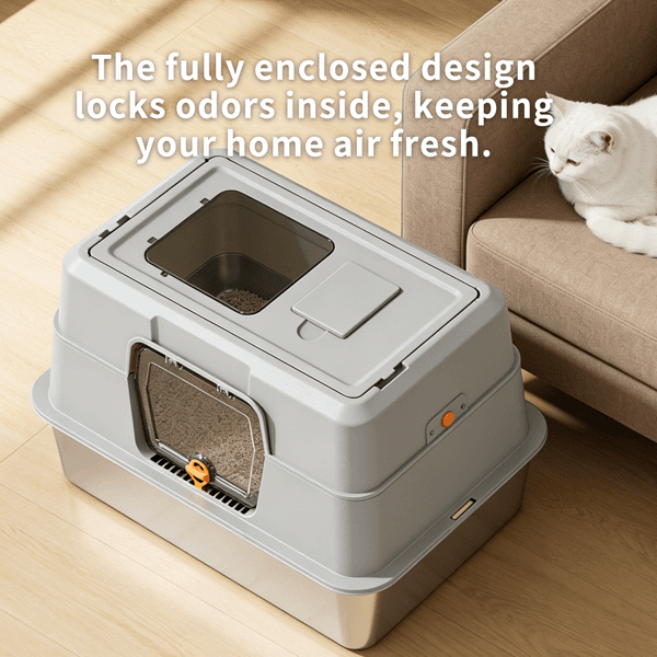 White Stainless Steel Fully Enclosed Cat Litter Box, Durable Enclosed Cat Litter Box, High Side To Prevent Scattering