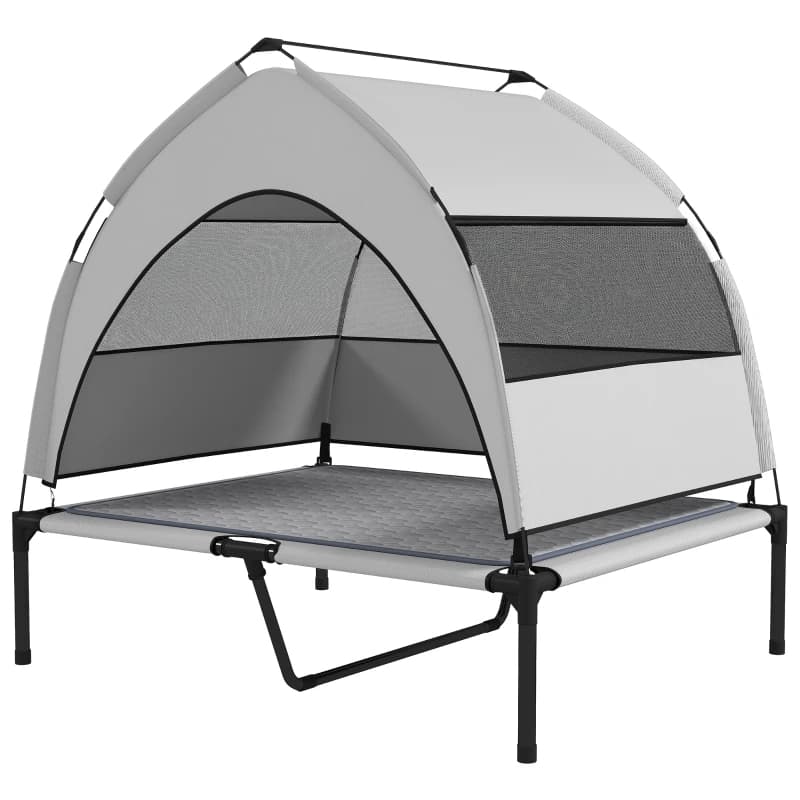 PawHut Elevated Dog Bed With Removable Canopy, Portable Outside Raised Pet Cot With Cooling Pad, Storage Bag,