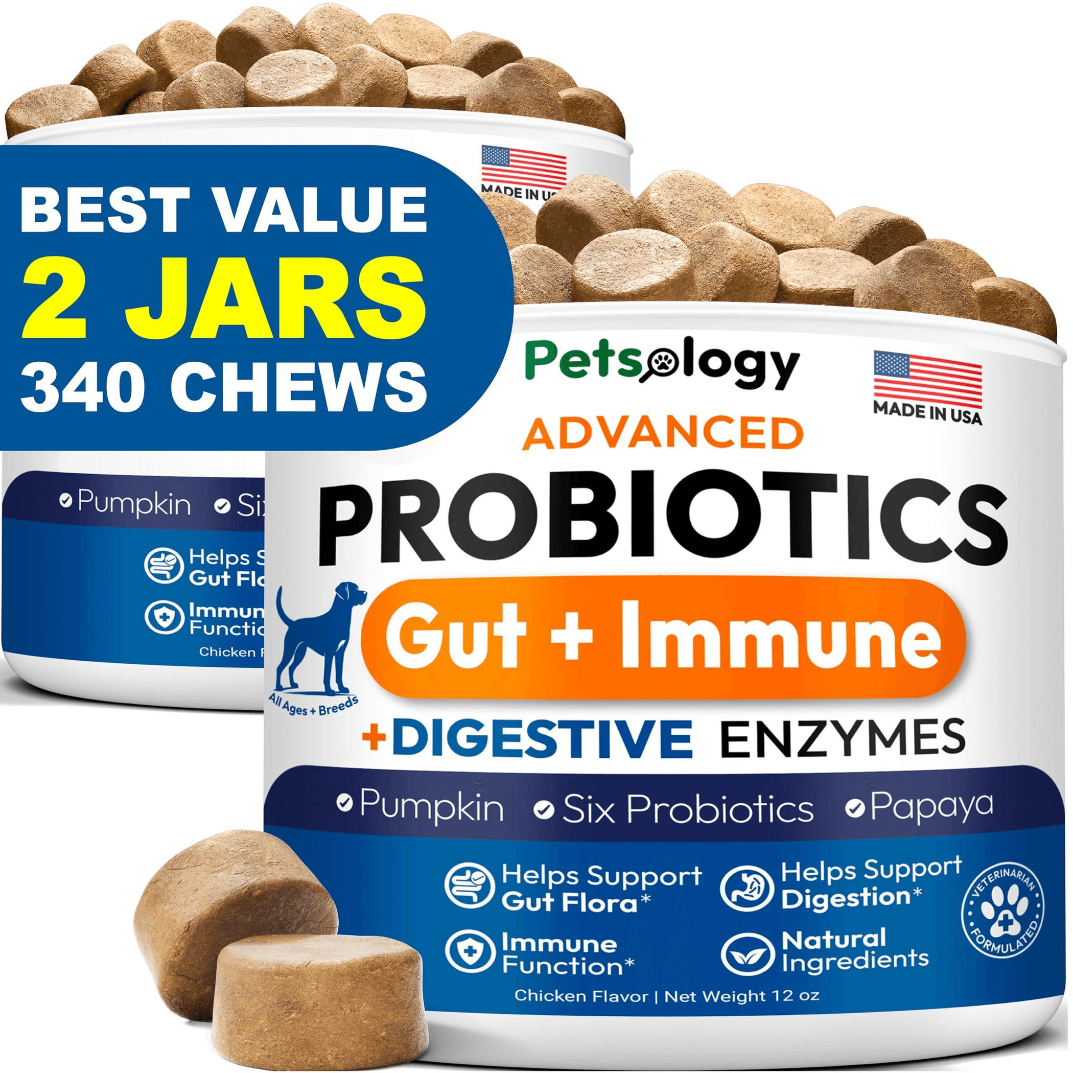 2 Pack Probiotics for Dogs 340 Dog Probiotics Chews Digestive Enzymes & Prebiotics Support Gut Health Diarrhea Gas & Constipation Relief Itchy Skin Al