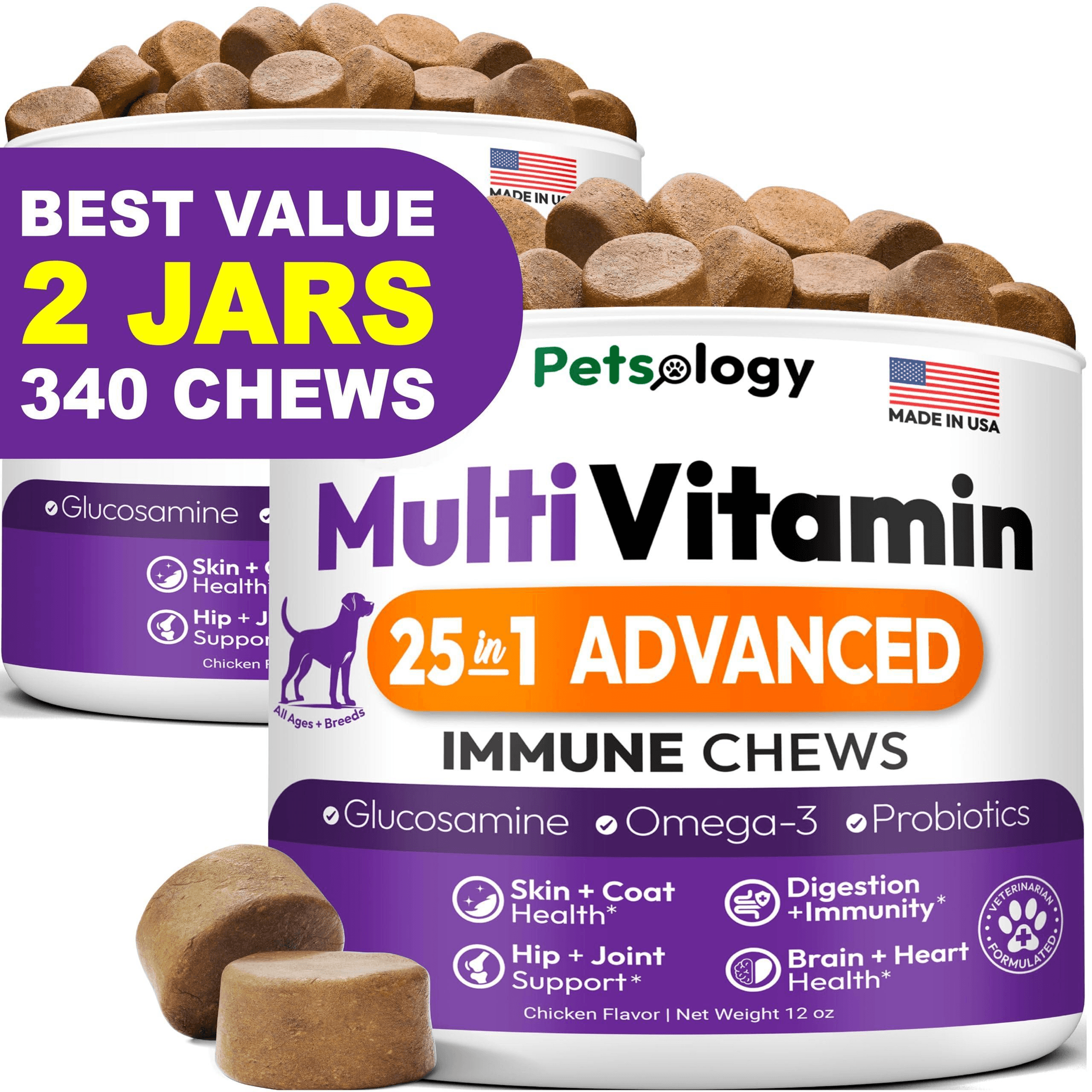 2 Pack Multivitamin Chews for Dogs 25-IN-1 Skin Coat Immune & Digestive Boost