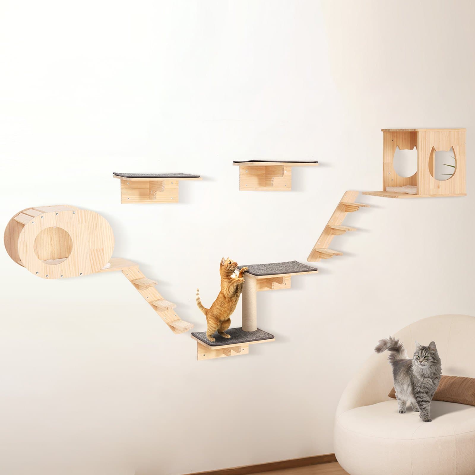 Wall Mounted Cat Shelves Tree With Jumping Boards Nests Hammock Set Of 7