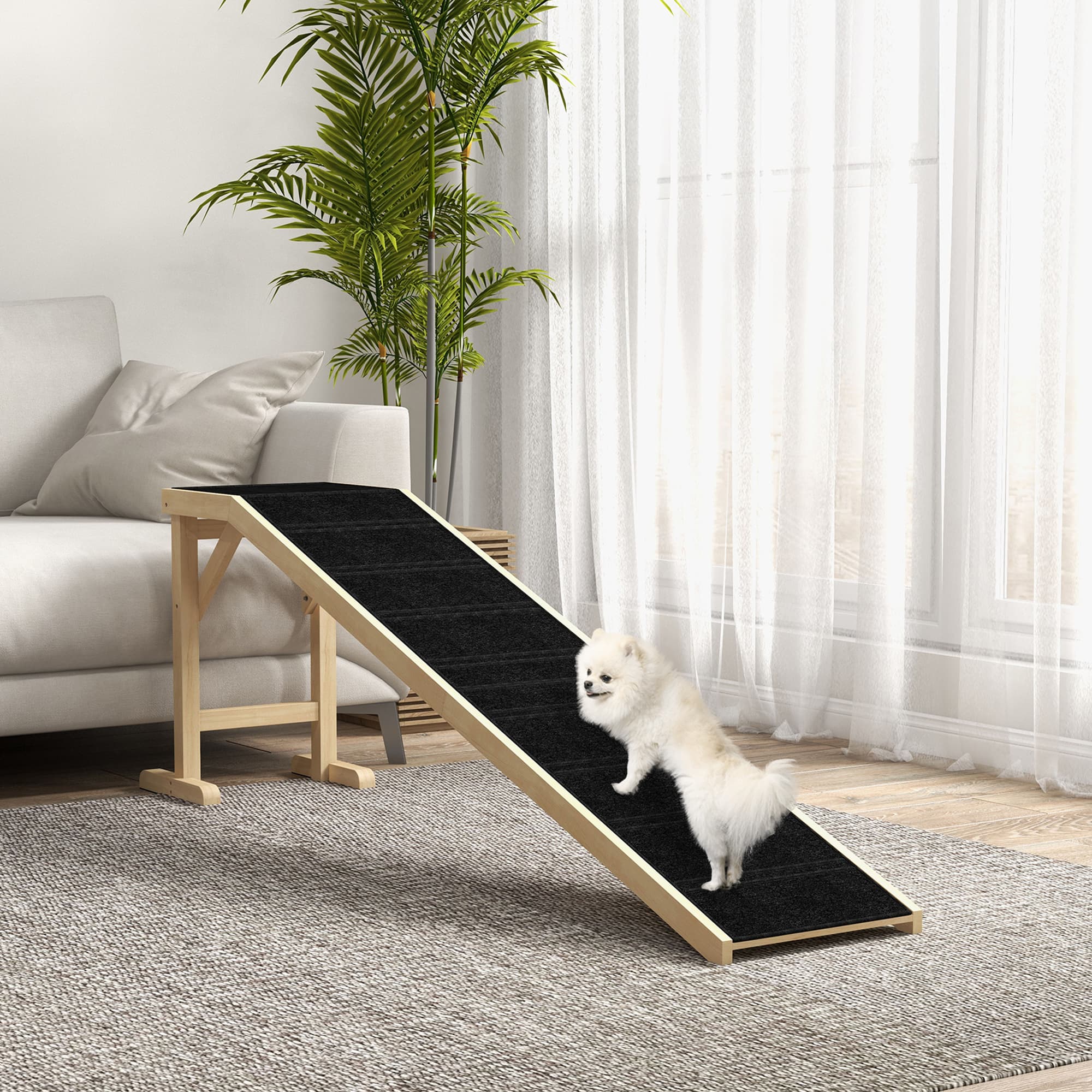 Dog Ramp for Bed, Pet Ramp for Dogs with Non-Slip Carpet and Top Platform, 74" x 16" x 25", Natural