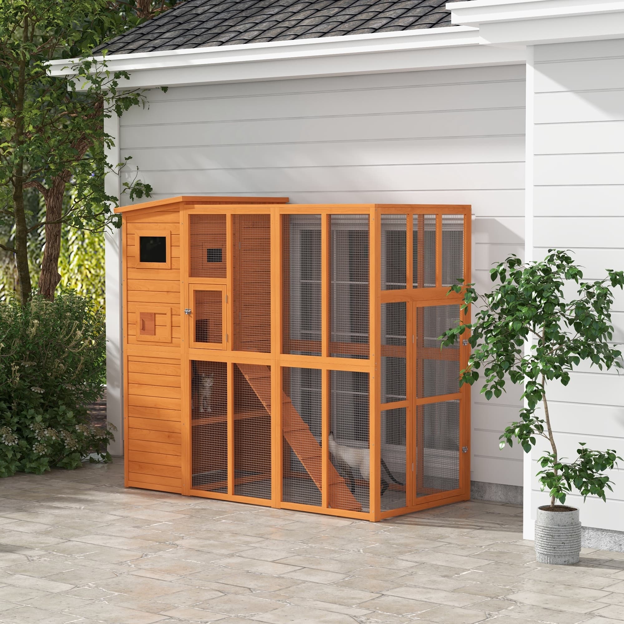 Wooden Outdoor Catio with Platforms, Asphalt Roof, Ramps, Natural