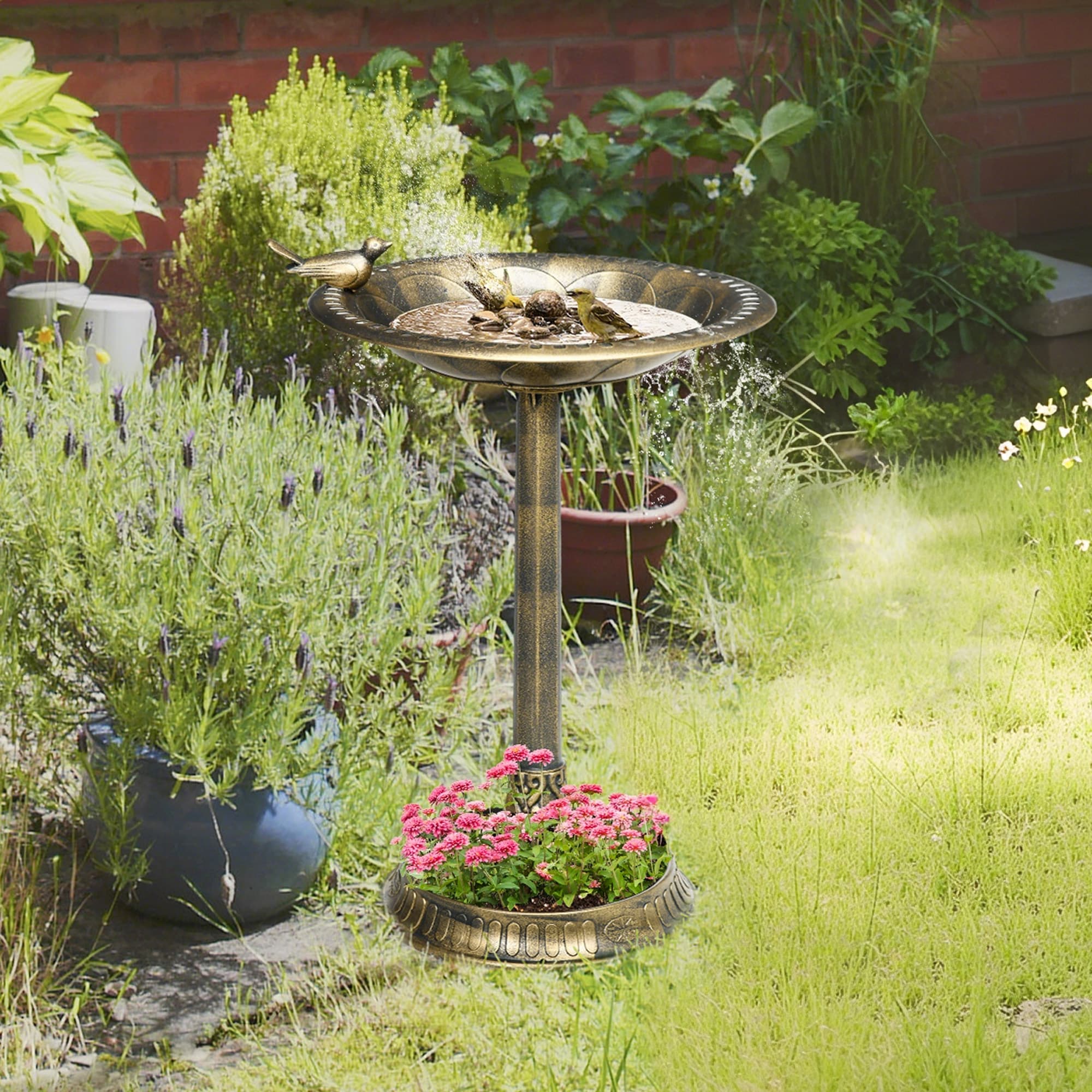 28" Antique Bird Bath Decorative Birdbath Bird Feeder Bowl with Planter Pedestal and Bird Statues, Bronze