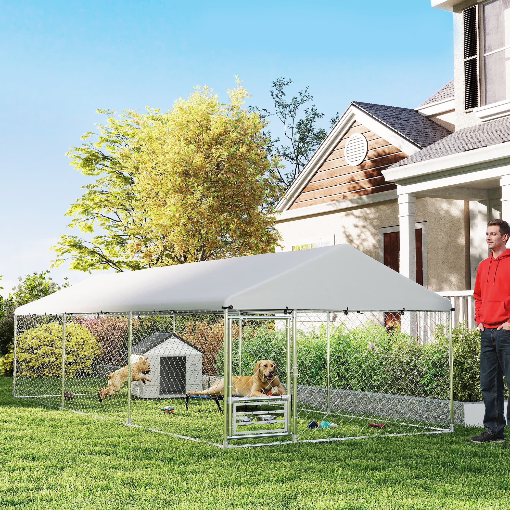 Outdoor Dog Kennel with Adjustable & Rotatable Bowl Rack, Waterproof Cover, Secure Lock, 19.7' x 7.5' x 5.2'