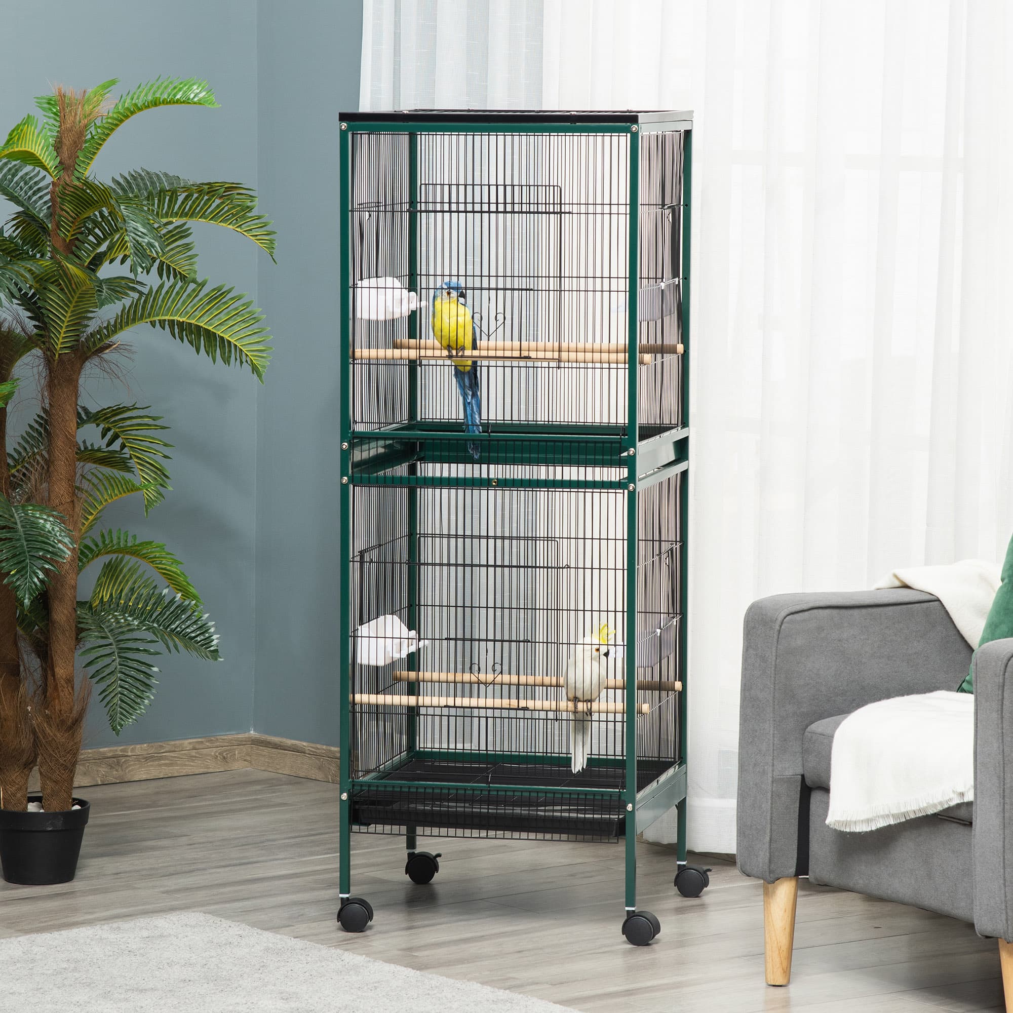 Large Bird Cage with 1.7 ft. Width for Wingspan, Bird Aviary Indoor with Multi-Door Design, Fit for a Canary, Finch, Conure, 55", Green