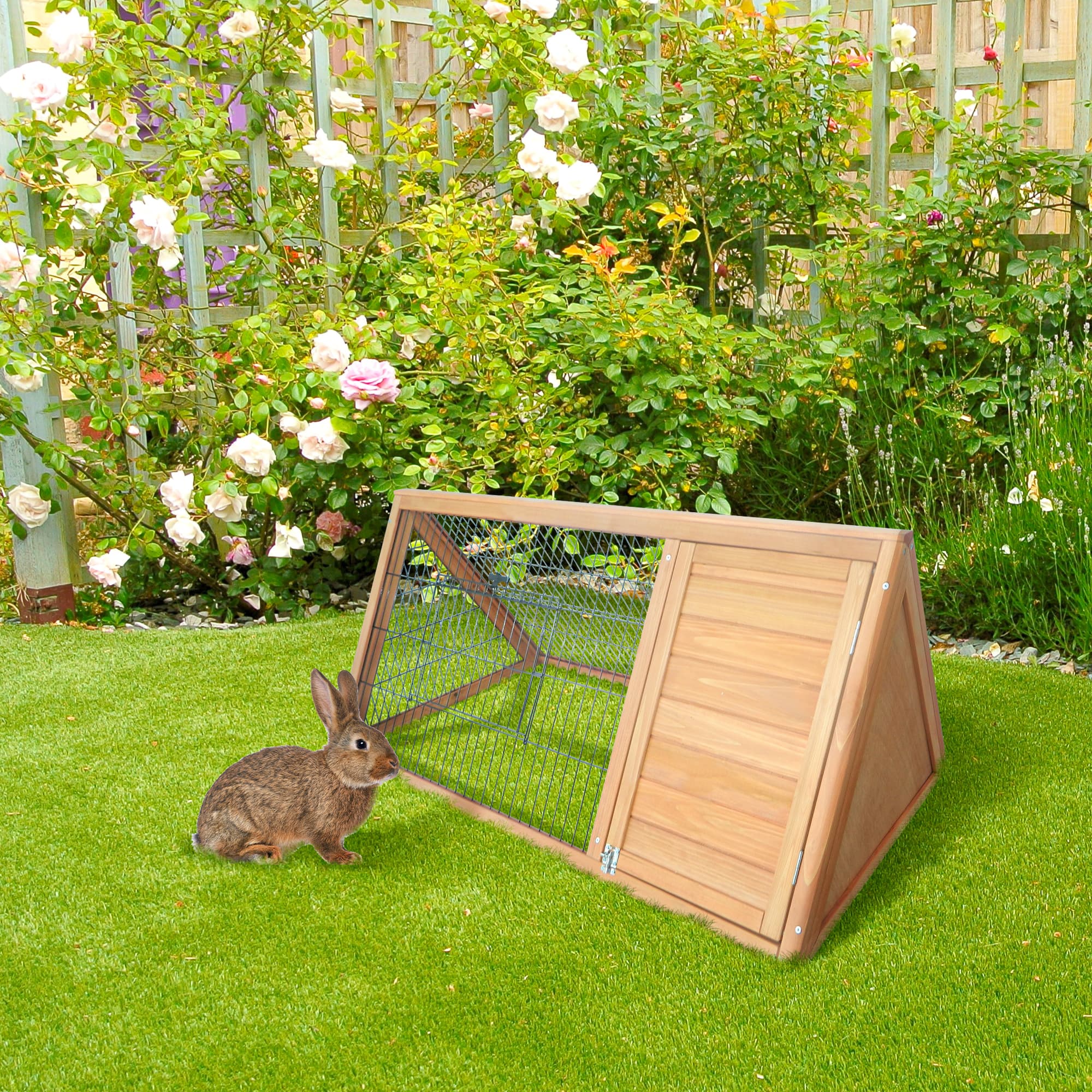 46" x 24" Wooden A-Frame Outdoor Rabbit Hutch, Small Animal Cage, Bunny Hutch with Outside Run & Ventilating Wire, for Rabbits, Chickens, Ducks, Yellow