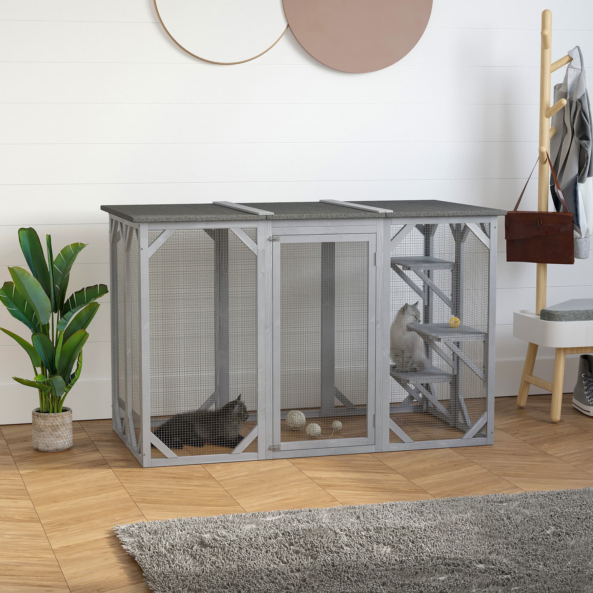 71" x 32" x 44" Large Wooden Outdoor Cat Enclosure Catio Cage With 3 Platforms, Gray