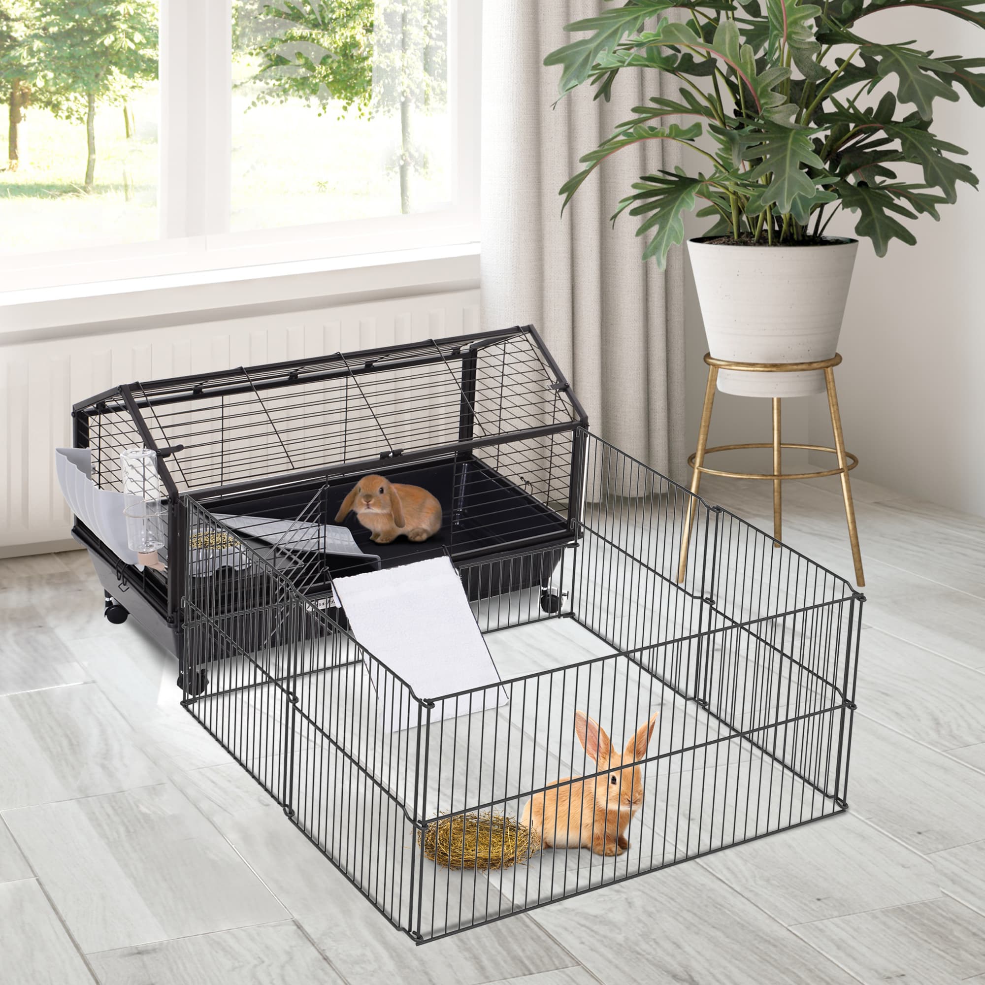 Rolling Metal Rabbit, Guinea Pig, or Small Animal Hutch Cage with Main House and Run