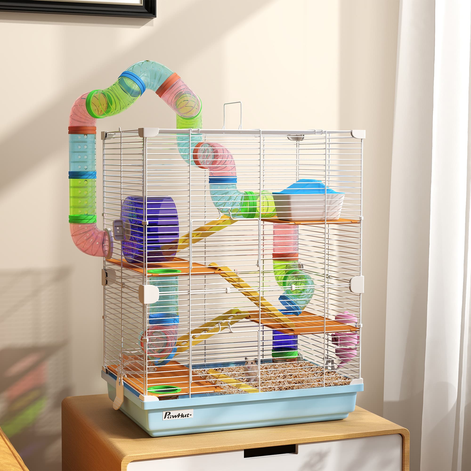 5 Tiers Hamster Cage Portable Animal Travel Carrier W Exercise Wheels Tube, Light Blue