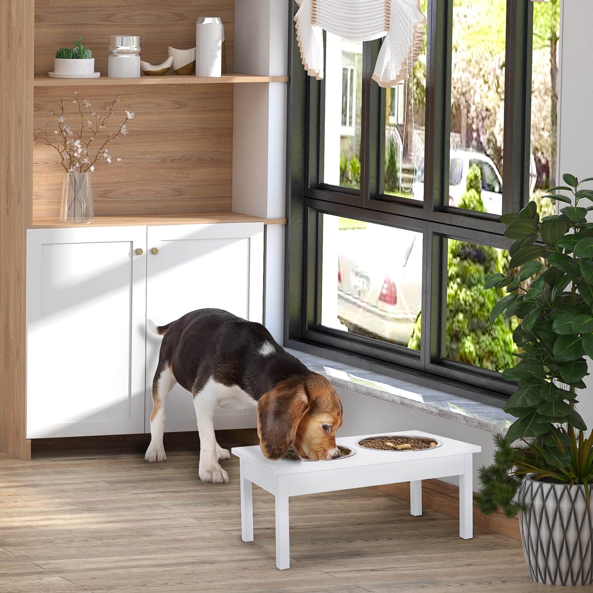 23" Wooden Heavy Duty Dog Food Bowls Pet Elevated Feeding Station -White