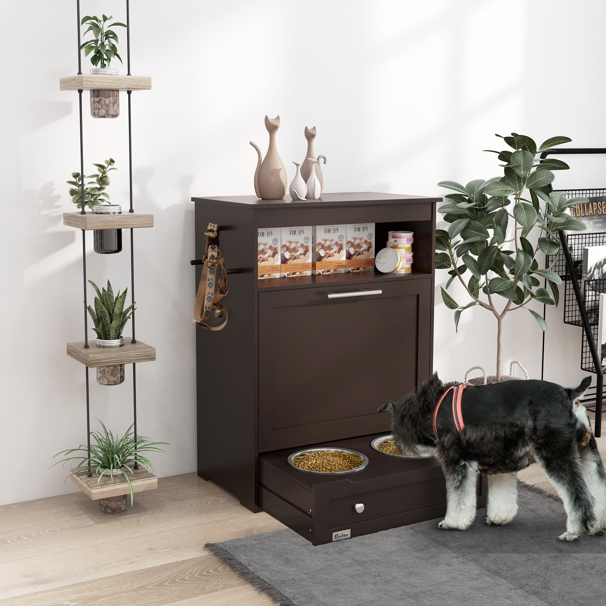 Pet Feeder Station Storage Cabinet, Dog Food Storage Container with Dog Raised Bowls, Watering Supplies, Gray