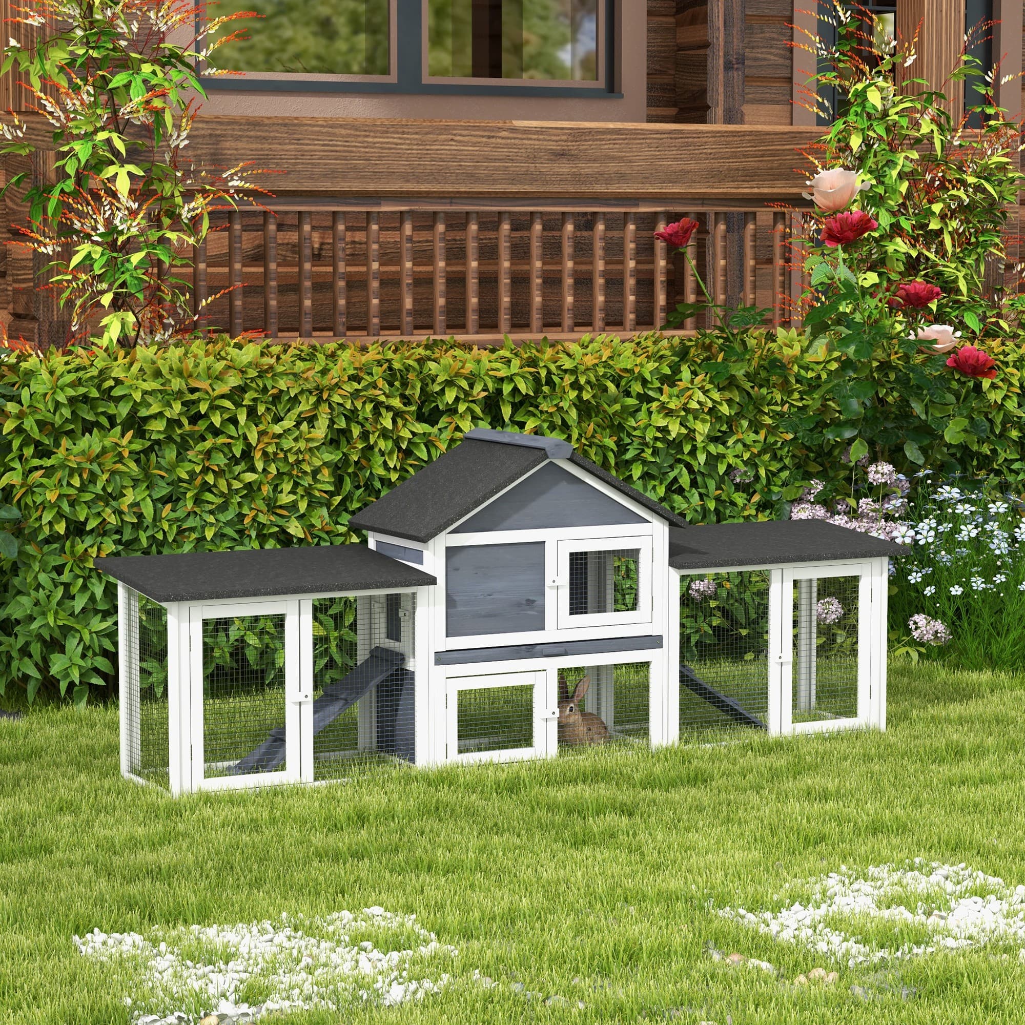 Outdoor Rabbit House 83" 2 Story Deluxe XL Wooden Rabbit Hutch, Big Bunny Cage w/ Ladder and Run, Dark Gray