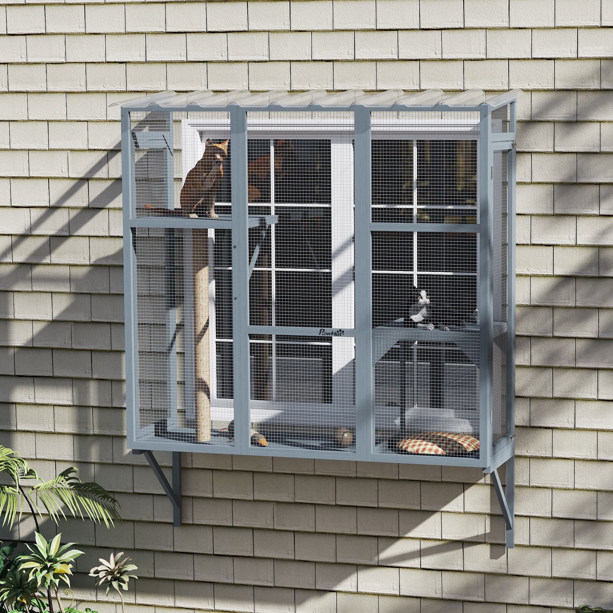 Catio Outdoor, Window Catio for 2-3 Large Indoor Cats w/ 2 Jumping Platforms, Scratching Post, for Playing, Napping