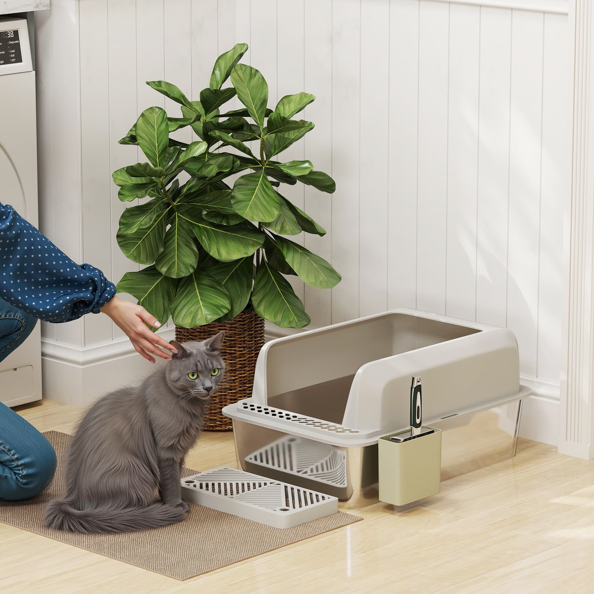 Stainless Steel Litter Box with Metal Scoop & Scoop Holder, High Sided, Anti-Urine Leakage, Non-Sticky