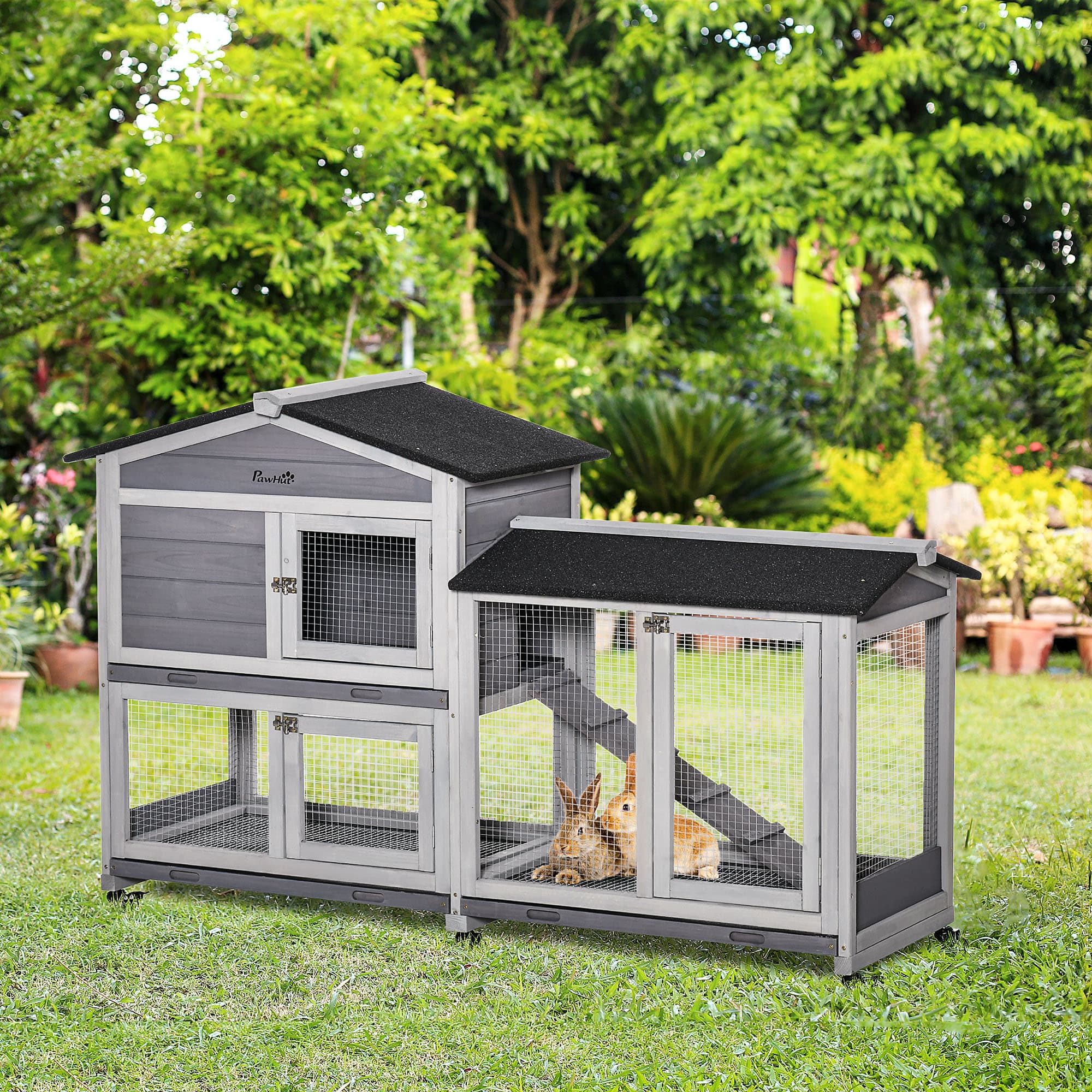 62" Wooden Mobile Rabbit Hutch with Wheels, Run Box, Slide-out Tray, Ramp