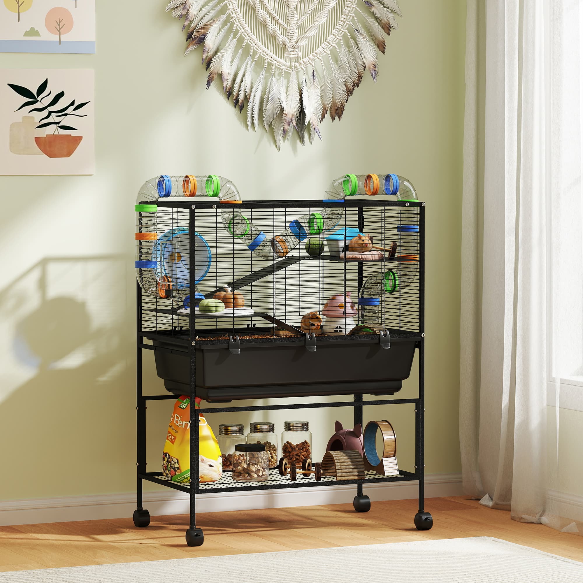 3 Tier Hamster Cage, Rolling Rat Cage with Deep Tray, Storage Shelf, Big Exercise Wheel, Hut, Tube System