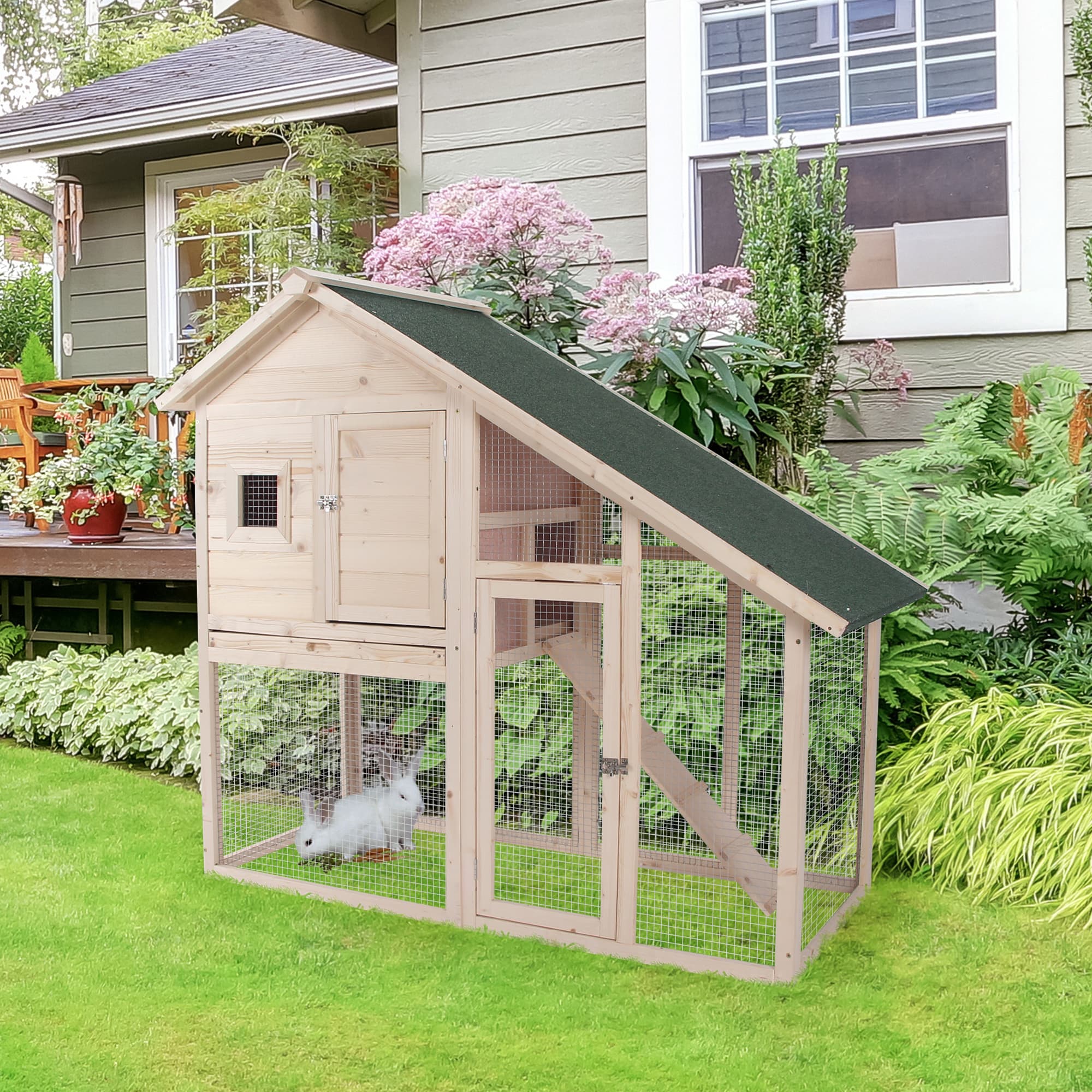 55" L 2-Tier Wooden Rabbit Hutch Bunny Cage