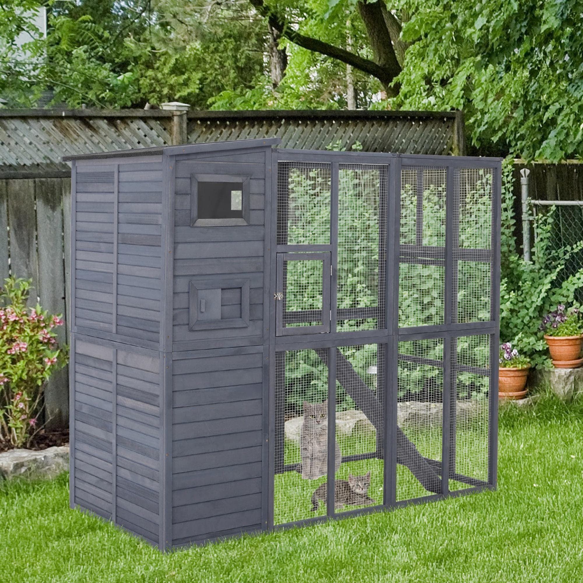 Wooden Outdoor Catio with Platforms, Asphalt Roof, Ramps, Gray
