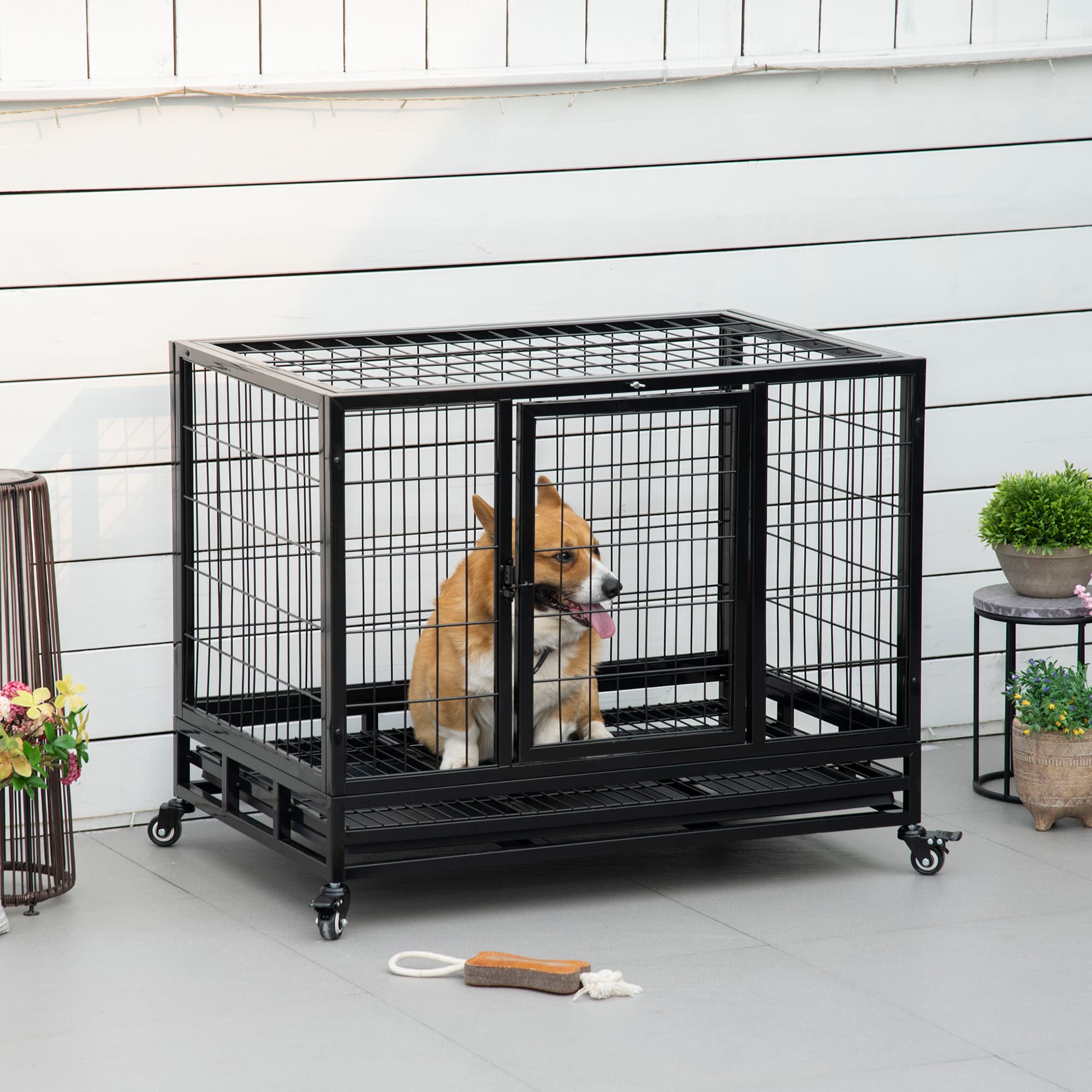 36" Heavy Duty Dog Crate with Removable Tray, Lockable Wheels and Double Door, for Medium and Large Dogs, Black