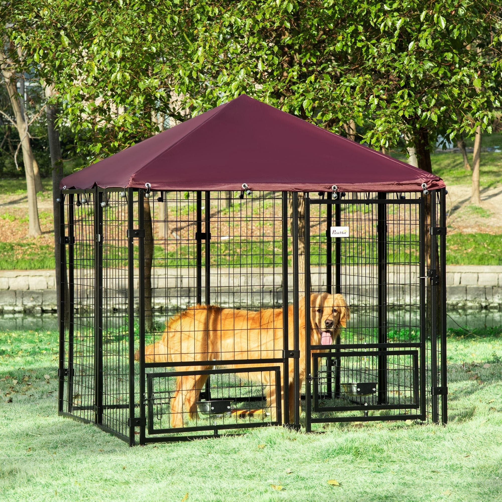 Outdoor Dog Kennel with Rotating Bowl Holders, Pet Playpen with Waterproof Cover, 4.6' x 4.6' x 5', Red