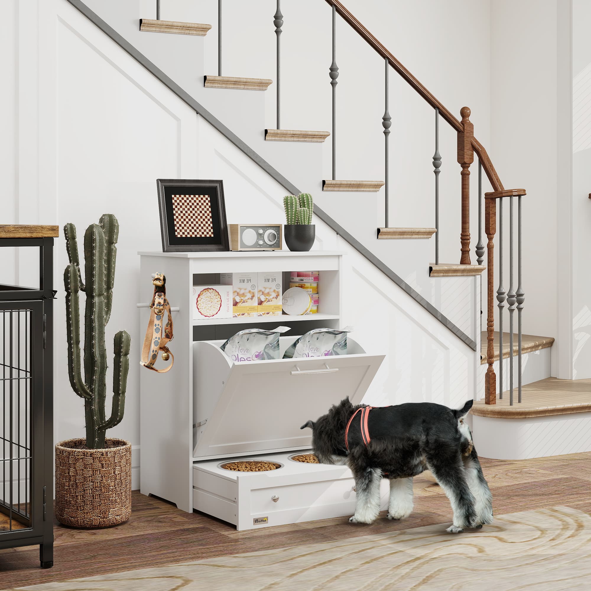 Pet Feeder Station Storage Cabinet, Dog Food Storage Container with Dog Raised Bowls, Watering Supplies, White