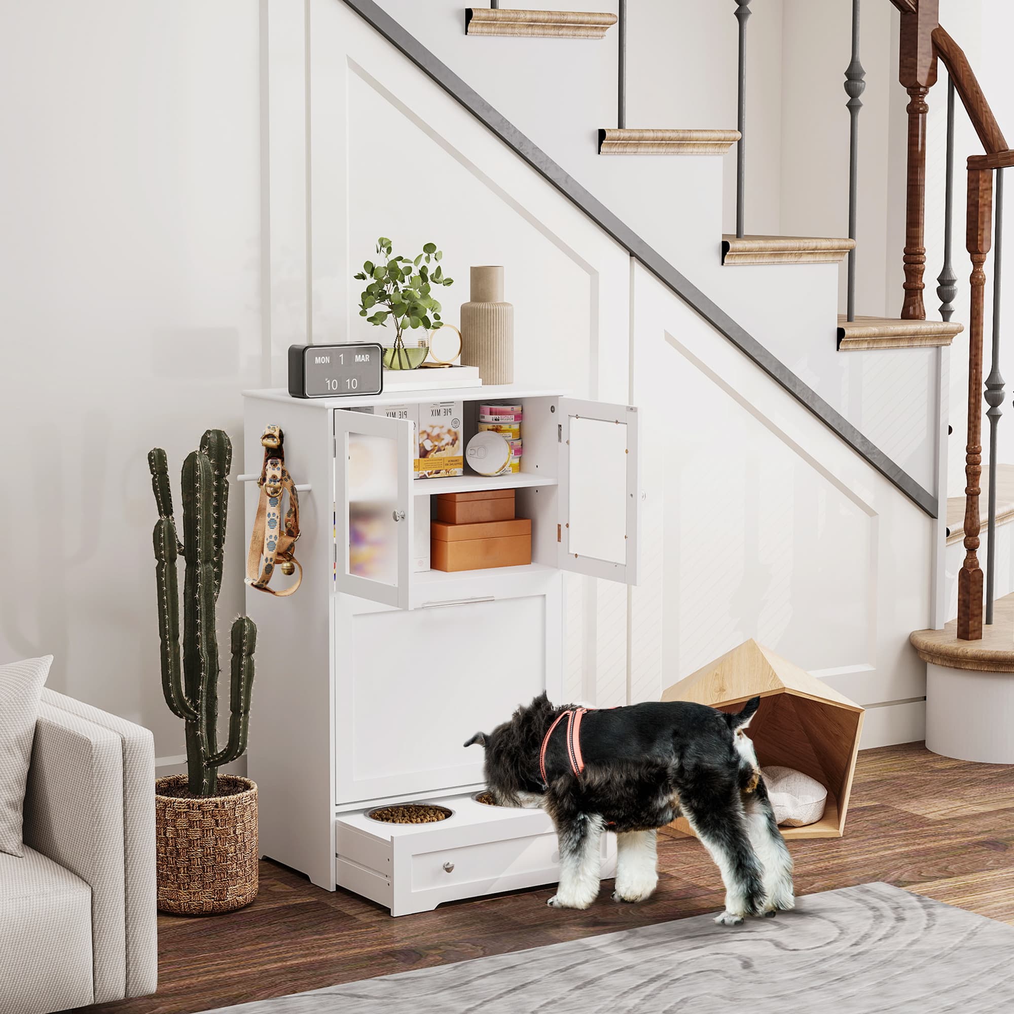 Dog Feeding Station with Two Storage Cabinets, 2 Elevated Dog Bowls, Side Hooks, Anti-tip Kit, for Feeding & Watering
