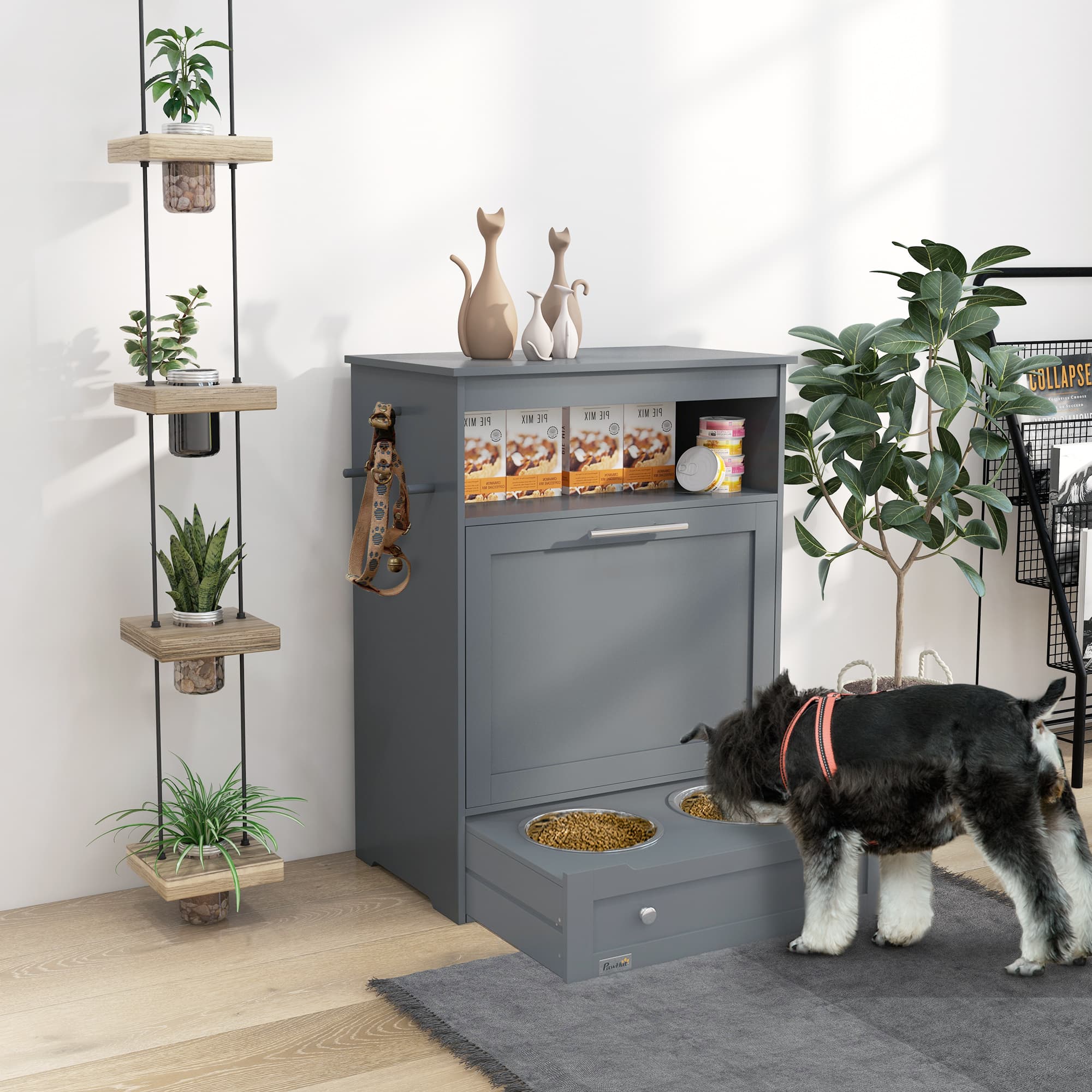 Pet Feeder Station Storage Cabinet, Dog Food Storage Container with Dog Raised Bowls, Watering Supplies, Gray