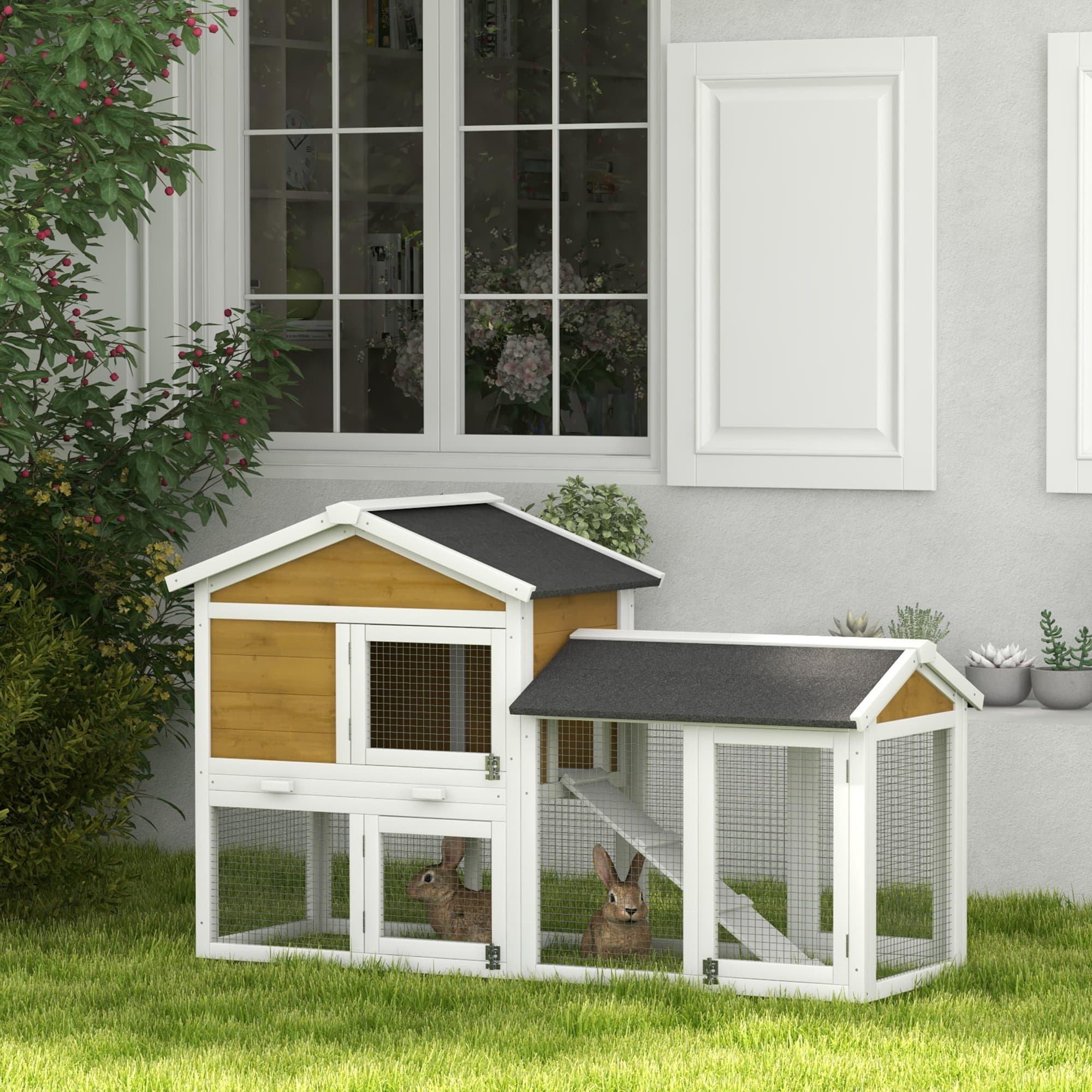 58" Wooden Rabbit Hutch with Run, Removable Tray, Asphalt Roof, Lockable Doors and Ramp, Nature Wood