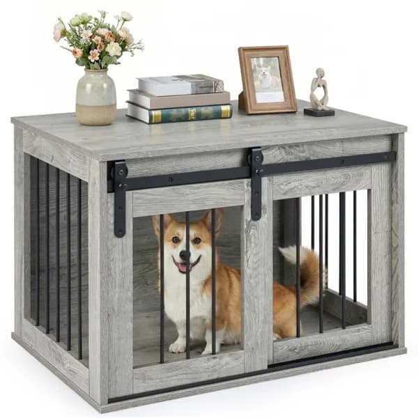 31.5" Dog Crate Furniture With Sliding Barn Door, Wooden Dog Kennel End Table For Indoor Use - Gray