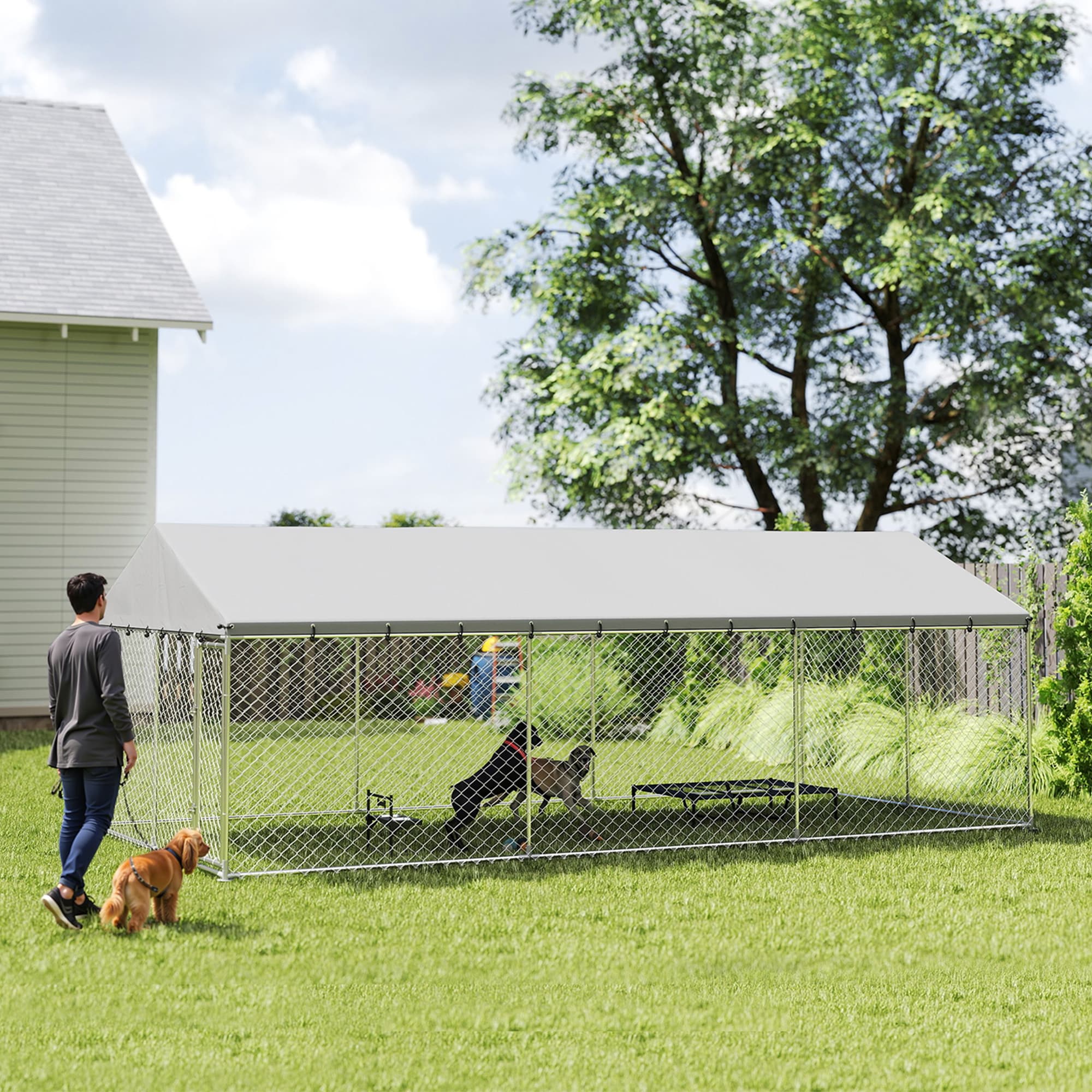 Heavy Duty Outdoor Dog Kennel with Waterproof Roof, 2 Secure Latches, Chain Link Dog Run for Backyard, 20' x 10' x 7'