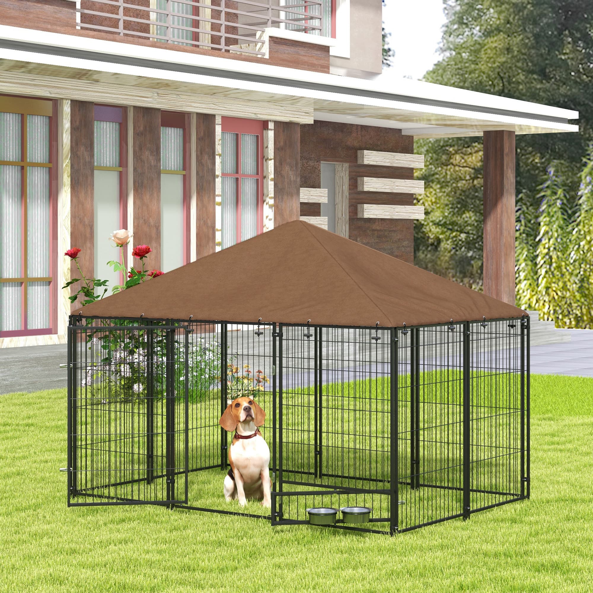Outside Dog Kennel, 6.9' x 4.6' x 5' Puppy Play Pen with Canopy, Garden Playpen Fence Crate with Rotating Bowl, Black