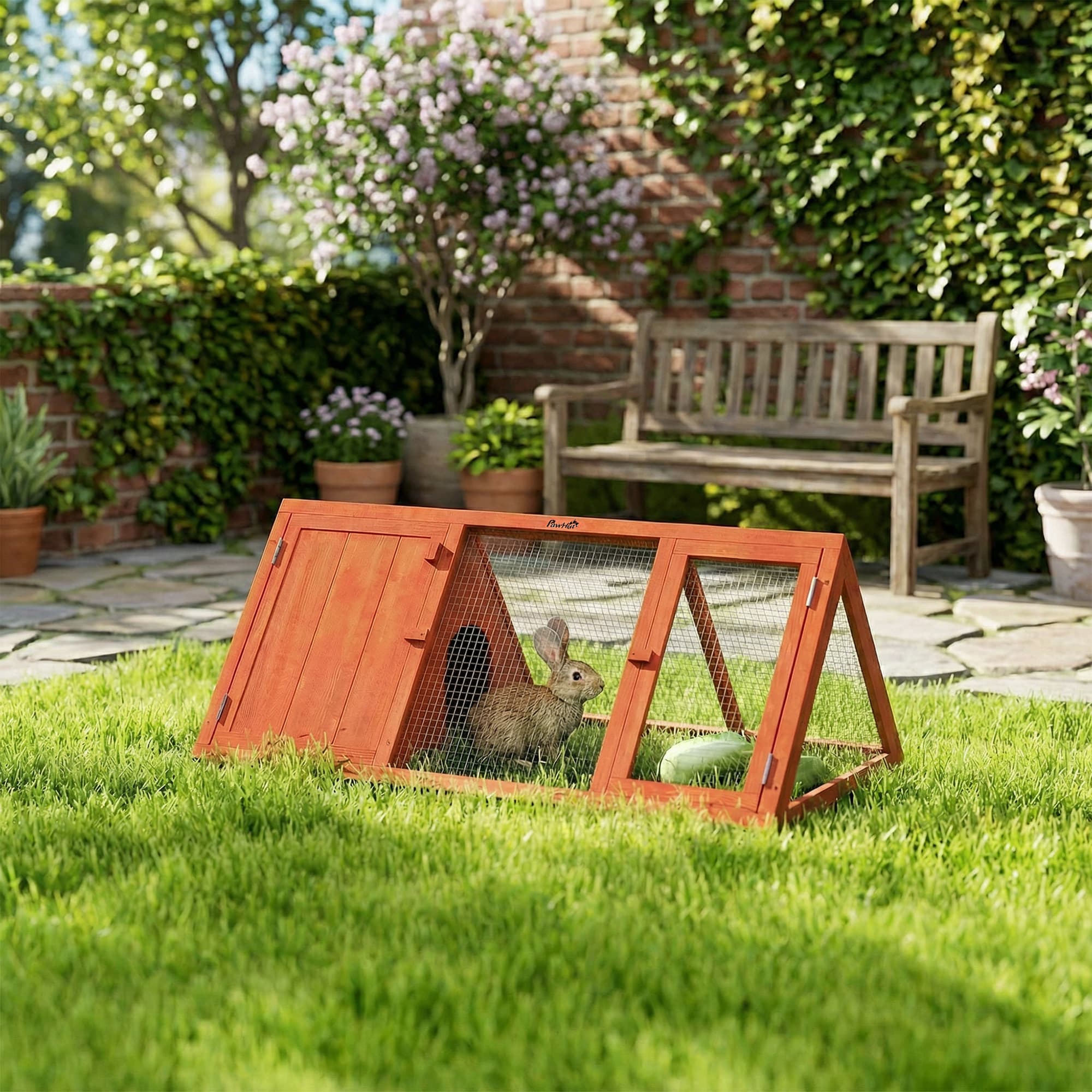 Rabbit Hutch, Wooden Guinea Pig Hutch with Run and Doors, Outdoor Triangle Bunny House for Rabbits,Duck and Chicken