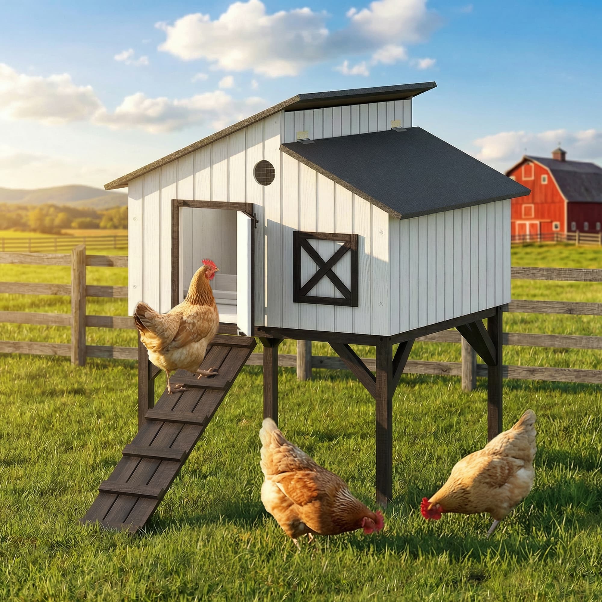 Chicken Coop Hen House with Nesting Box, Elevated Rabbit Hutch with Ramp, Asphalt Openable Roof and Elevated Legs