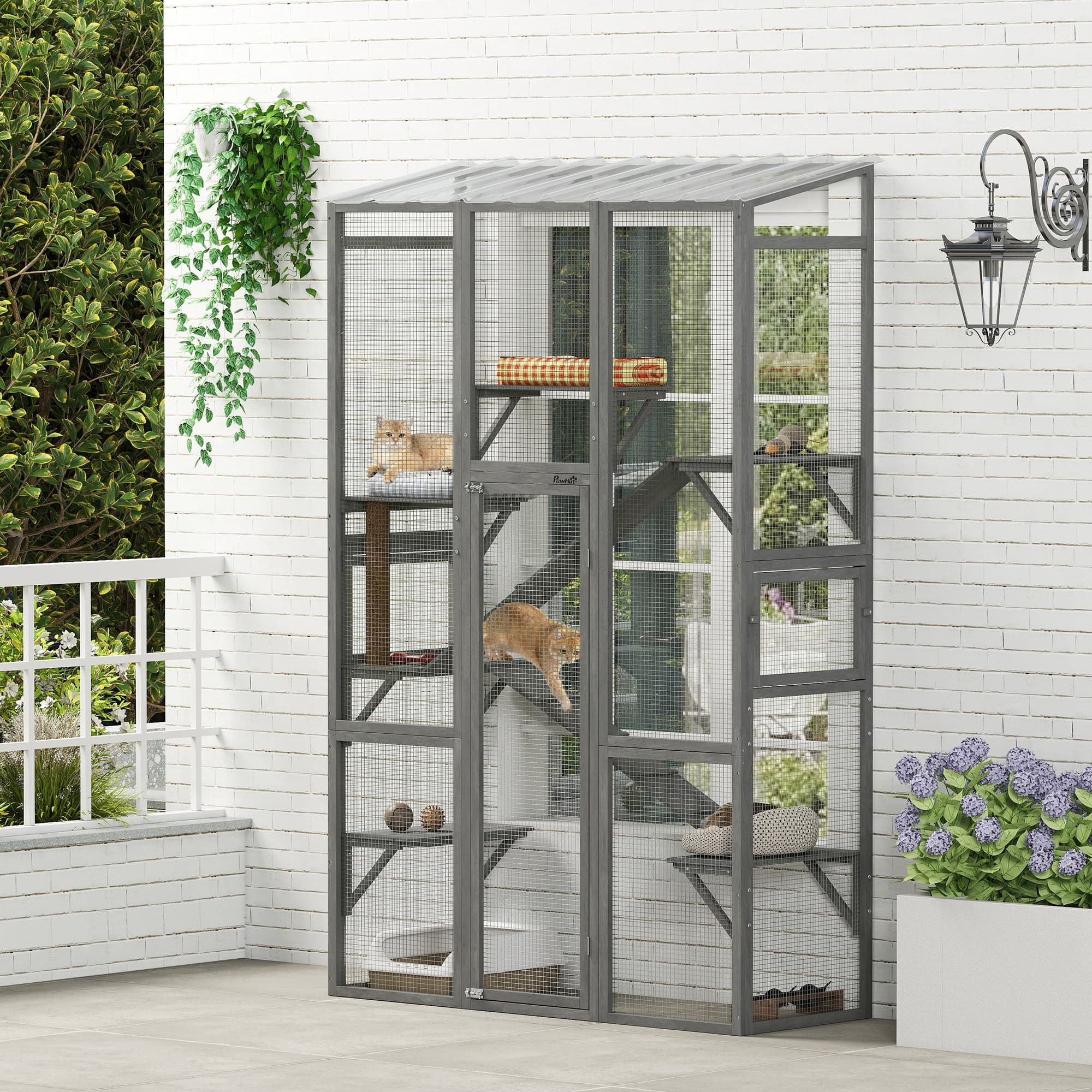 Outdoor Catio Cat Enclosure, Large Wooden Cat House with 6 Jumping Platforms, Scratching Post, 2 Ramps, for 2-3 Kittens