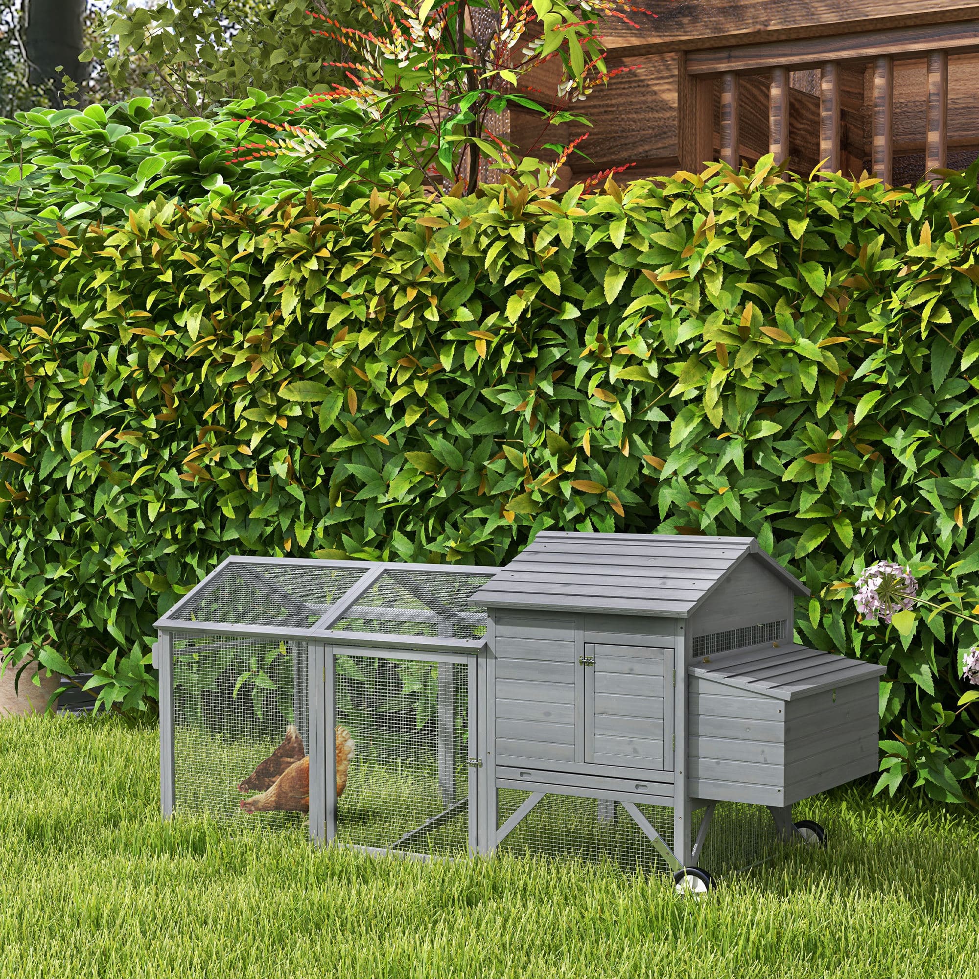 96.5" Chicken Coop Wooden Hen House Poultry Cage Pen Portable with Wheels and Nesting Box, Chicken Cage for Backyard Outdoor, Gray