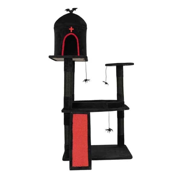 53' Gothic Cat Tree With Coffin Bed, Large Cat Tower With Spacious Cat Condo, Scratching Posts, Spider Hanging Toys, Scratching Board, Multi-Level Cat Activities Furniture For Large Cats, Red & Black