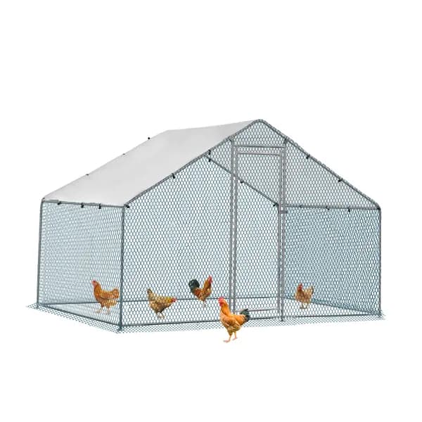 2X2X2m&6.5x6.5x6.5ft Silver Chicken Coop With Pointed Roof, 180g PE Rain Cloth, Metal Chicken And Rabbit Cage